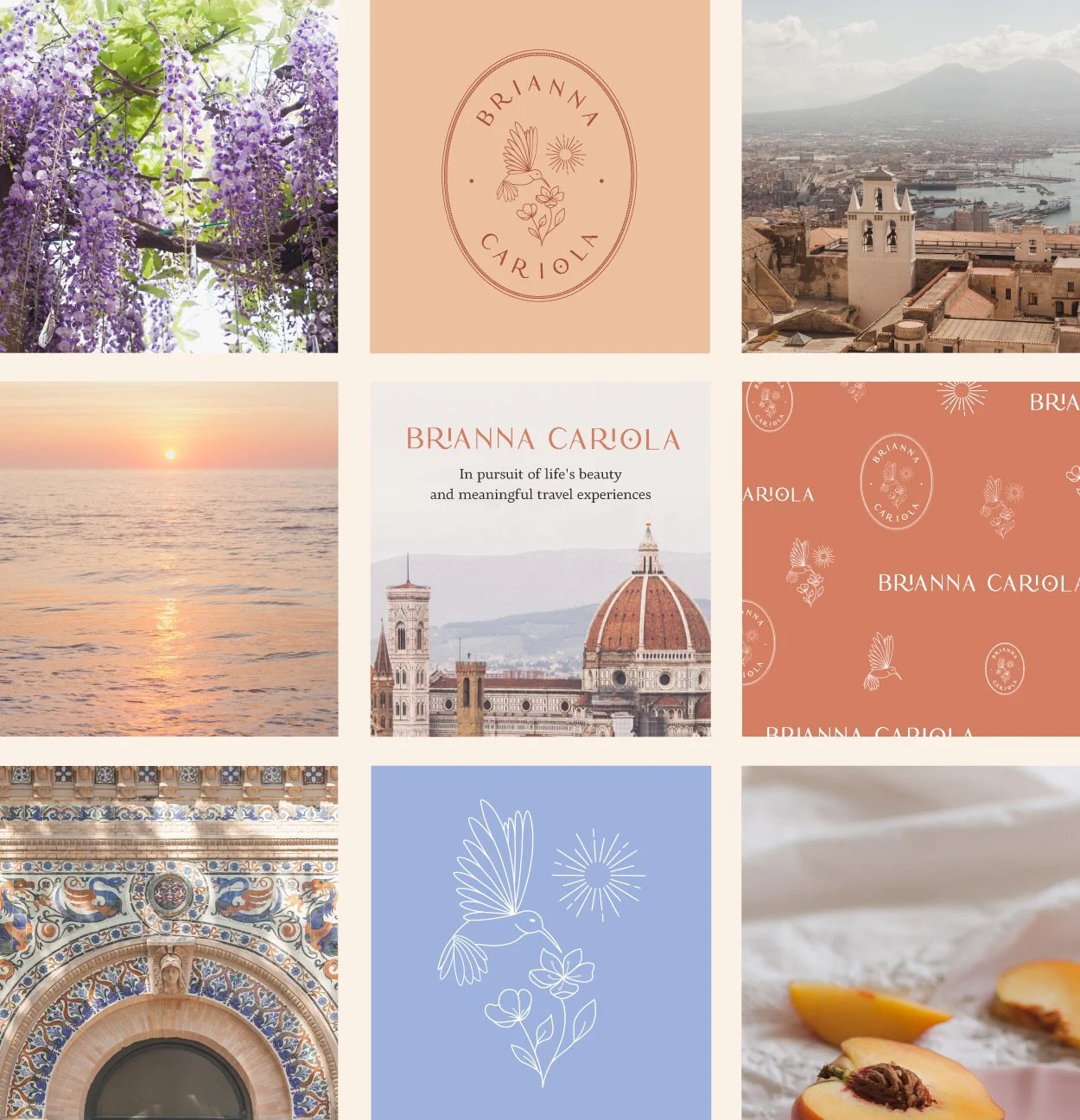 Brianna Cariola photography brand identity moodboard mockup featuring a 3x3 grid of travel photography, the oval badge logo, hummingbird illustration, brand pattern in terracotta, and lifestyle imagery in warm peach and periwinkle tones.