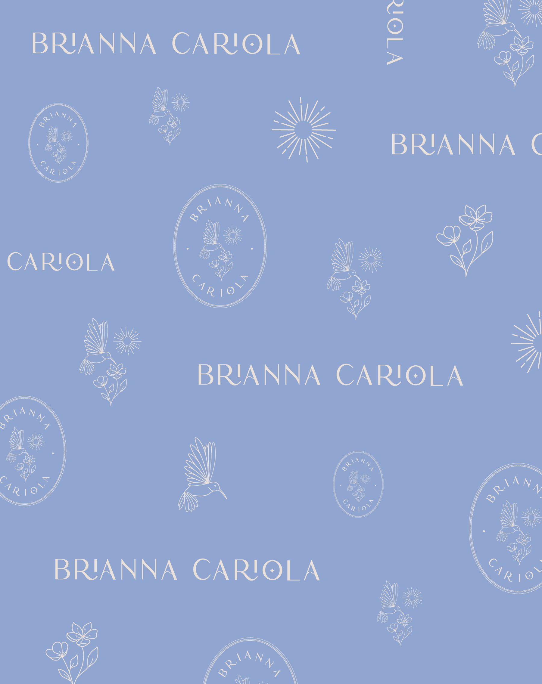 Brianna Cariola photography brand identity logo variations and brand pattern design mockup on a periwinkle blue background featuring the wordmark, oval badge logo, hummingbird pictorial mark, sun burst, and floral illustrations in a pattern.