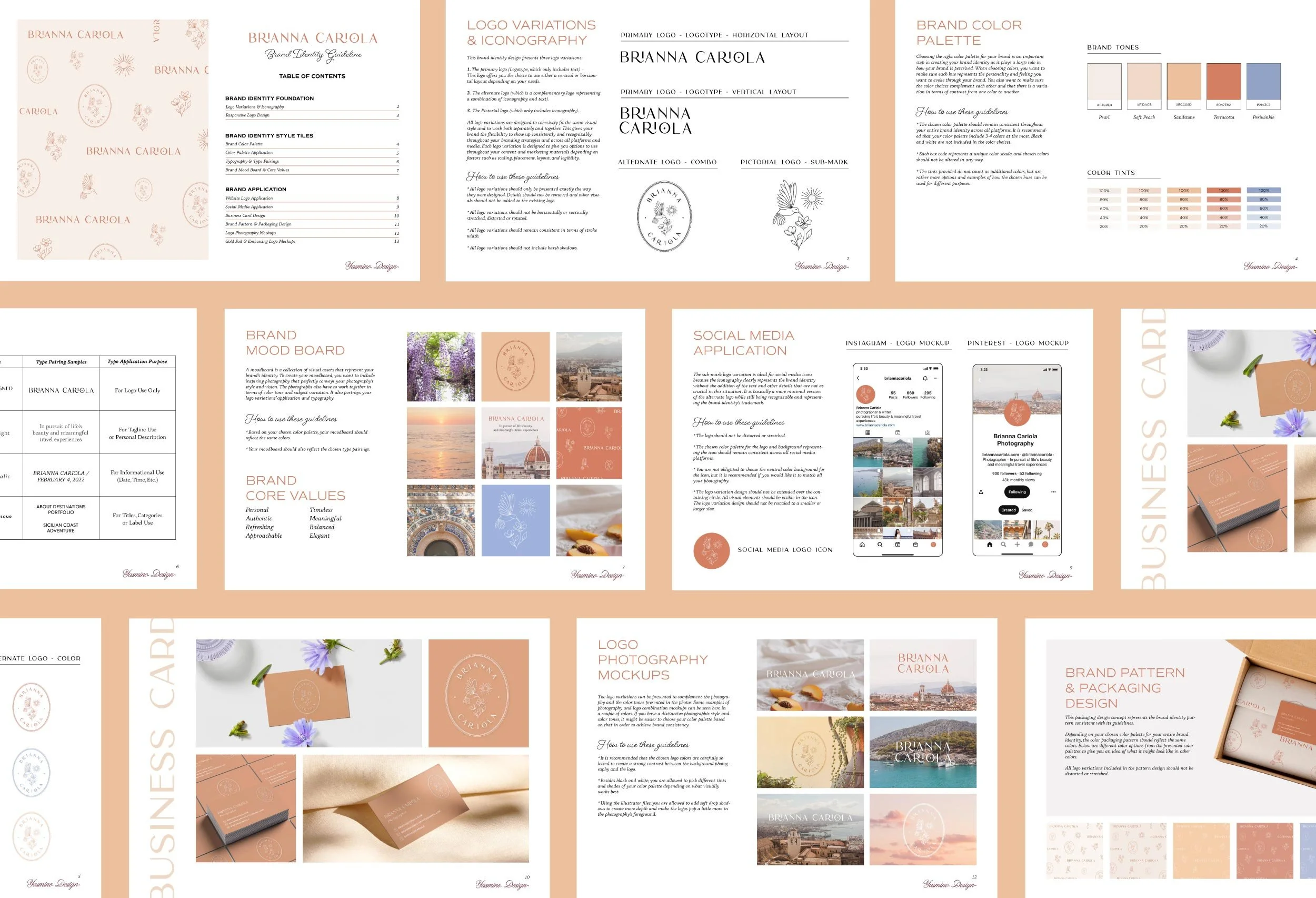 Brianna Cariola photography brand identity design full brand guideline slide deck mockup showing logo variations, color palette, typography, mood board, social media application, business card, and packaging design pages.