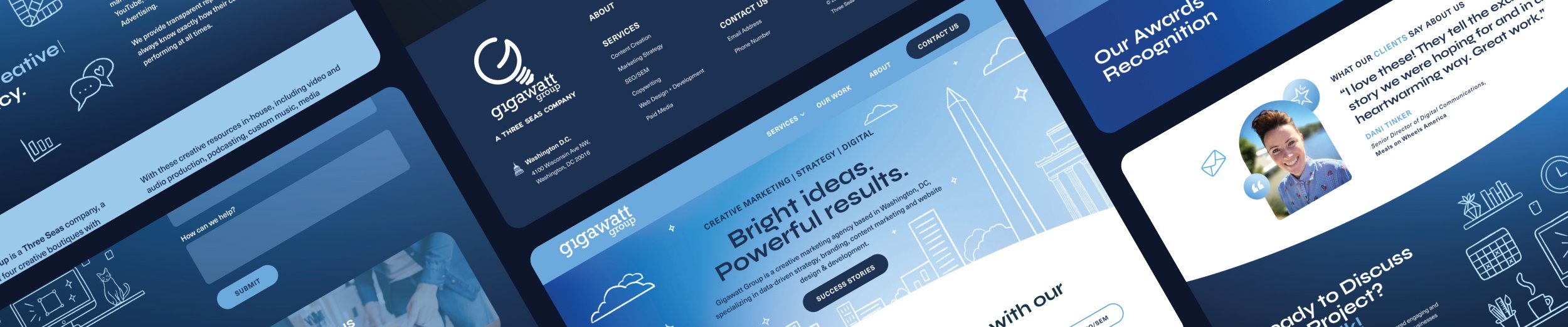 Gigawatt Group website UI UX design homepage desktop layout diagonal mockup cover showing multiple page sections including the hero, about, awards, testimonials, and contact pages in an angled flat lay presentation.