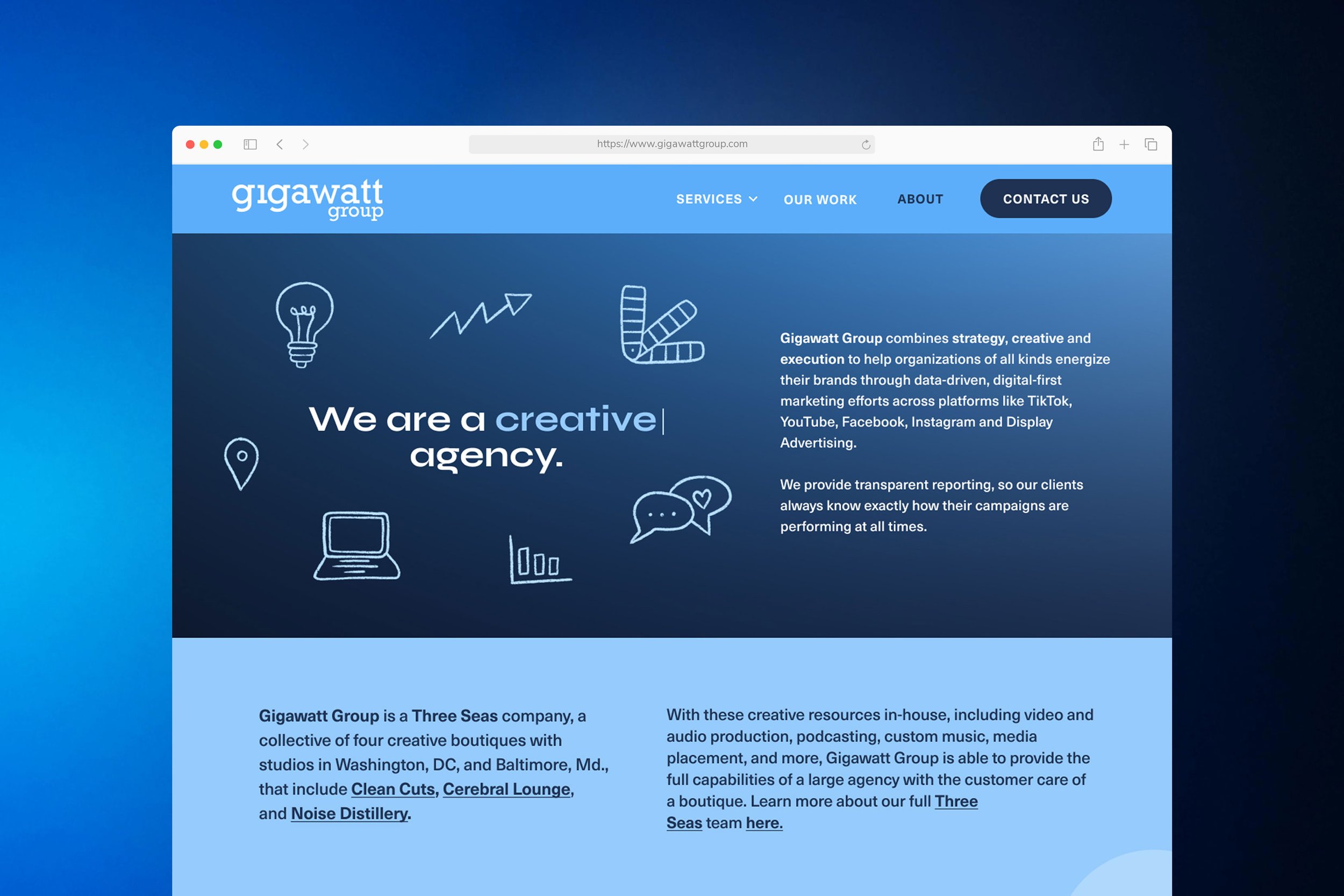 Gigawatt Group website UI UX design About page desktop layout displayed in a MacBook browser mockup, featuring the 'We are a creative agency' section with hand-drawn icons and agency description copy.