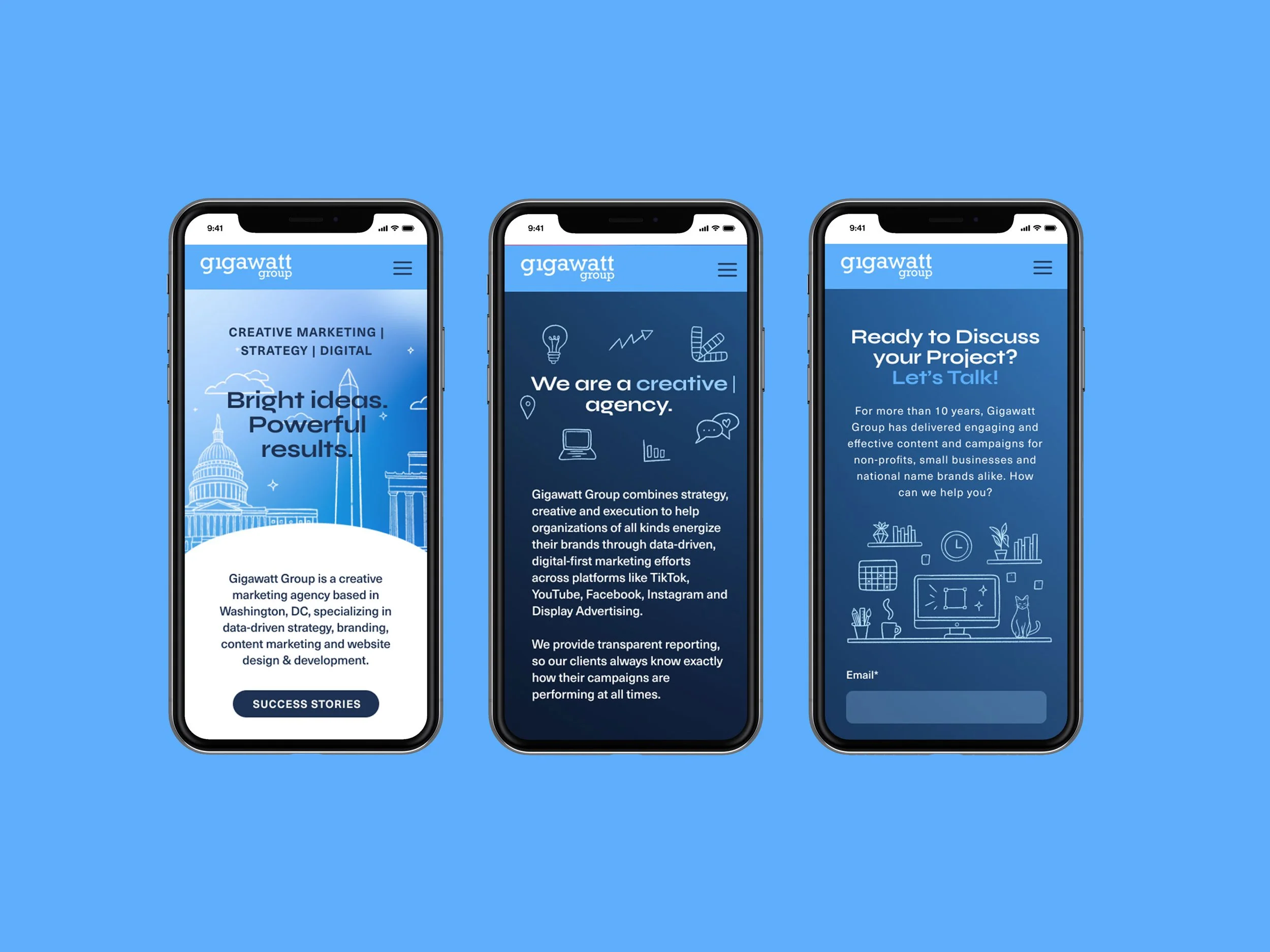 Gigawatt Group website UI UX design responsive mobile layout mockup showing three iPhone screens displaying the homepage hero with Washington DC skyline illustration, the creative agency about section, and the contact form page.