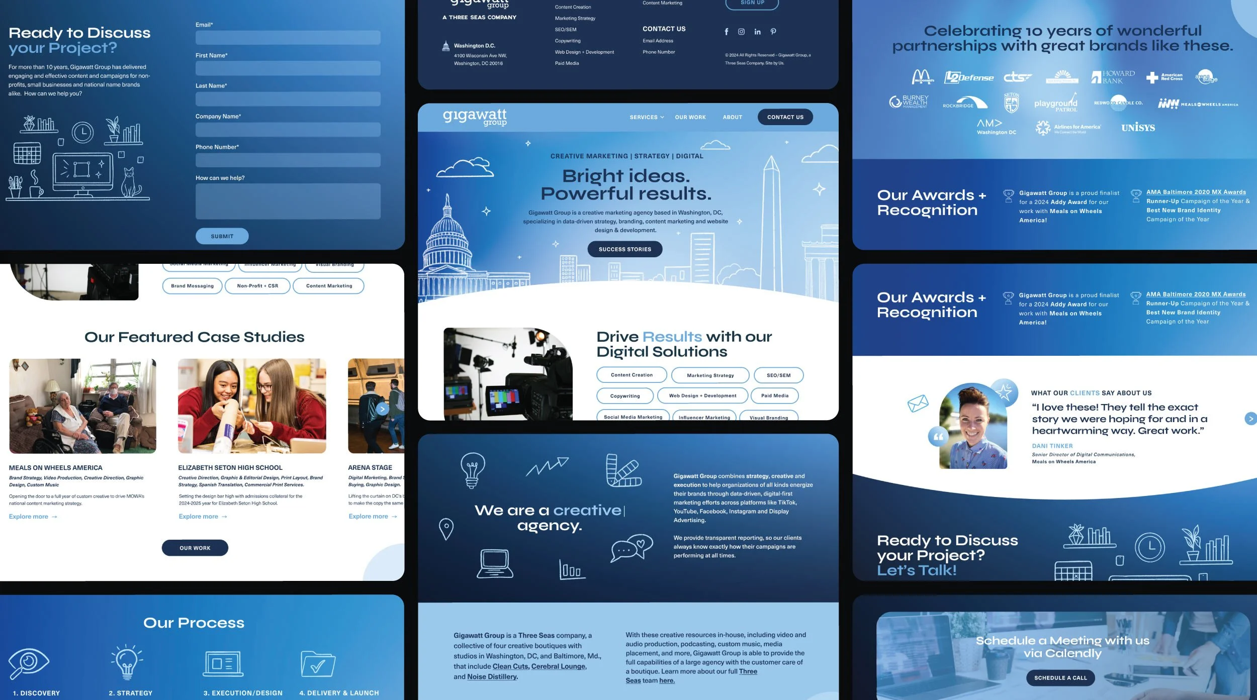 Gigawatt Group website UI UX design full page layout overview mockup showing all desktop sections including the homepage hero, case studies, services, about, awards and recognition, client testimonials, and contact form.
