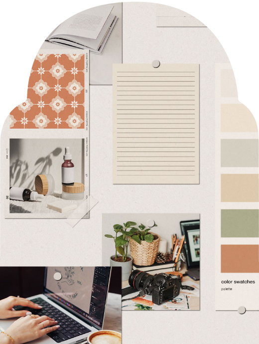 Yasmine Design Co. – Graphic Designer for hire showcasing behind the scenes work process in a printed moodboard with photography, color palette swatches, pattern tiles, and brand mockups.