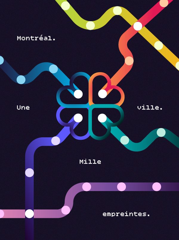 Empreinte Montréal – stylized Montreal metro map graphic with colorful intertwined lines forming a floral pattern on a dark background. Text reads: "Montréal. Une ville. Mille empreintes.