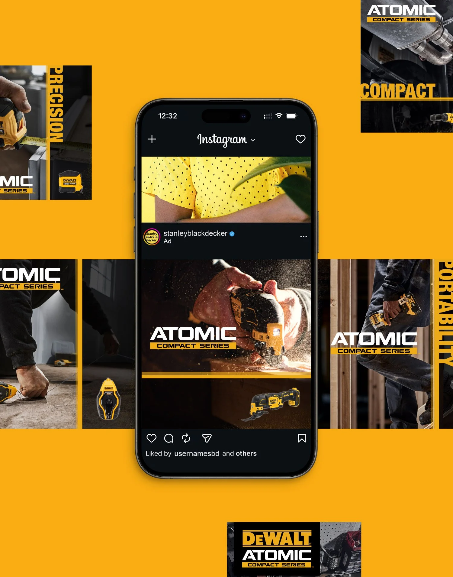 Stanley Black and Decker DeWalt Atomic Compact Series Meta Instagram sponsored carousel ad cards displayed on an iPhone phone mockup on a black background, showing the full social media campaign creative suite.