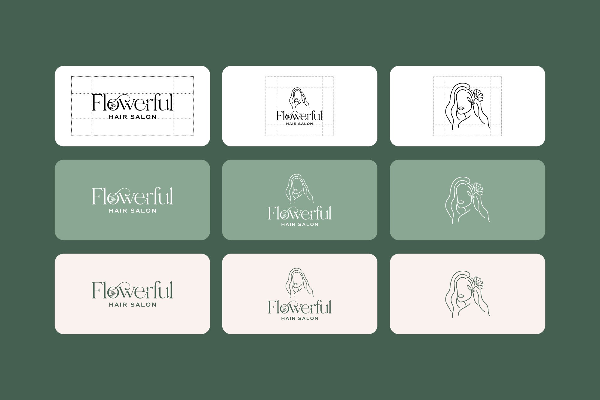 Flowerful Hair Salon brand identity logo variations and color system mockup showing nine logo applications, including the wordmark, combined logo with fine-line woman illustration, and standalone femme floral icon.