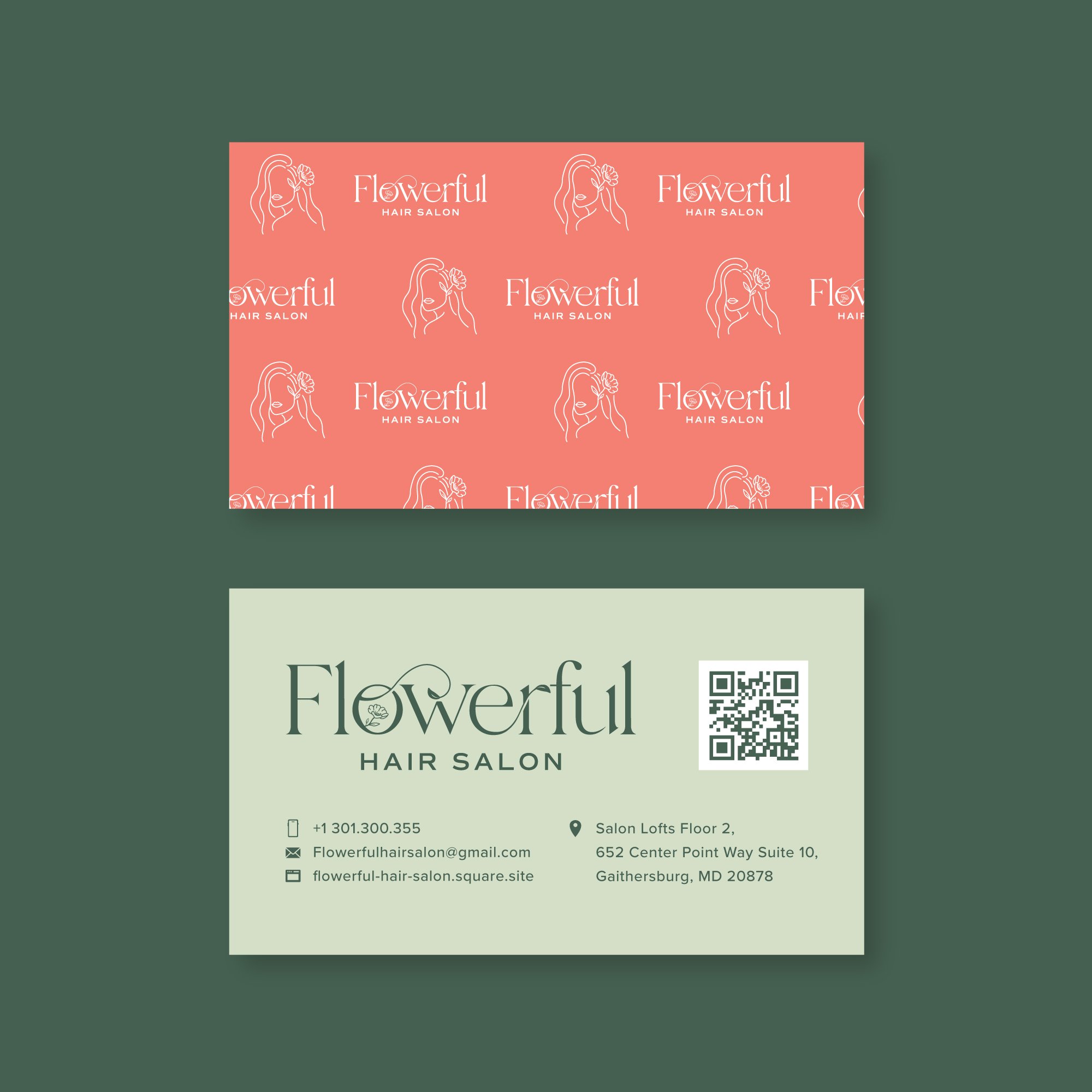 Flowerful Hair Salon brand identity business card design mockup showing both sides: a coral pink back with a repeating fine-line woman and flower logo pattern, and a sage green front with the logo, QR code, and contact info.