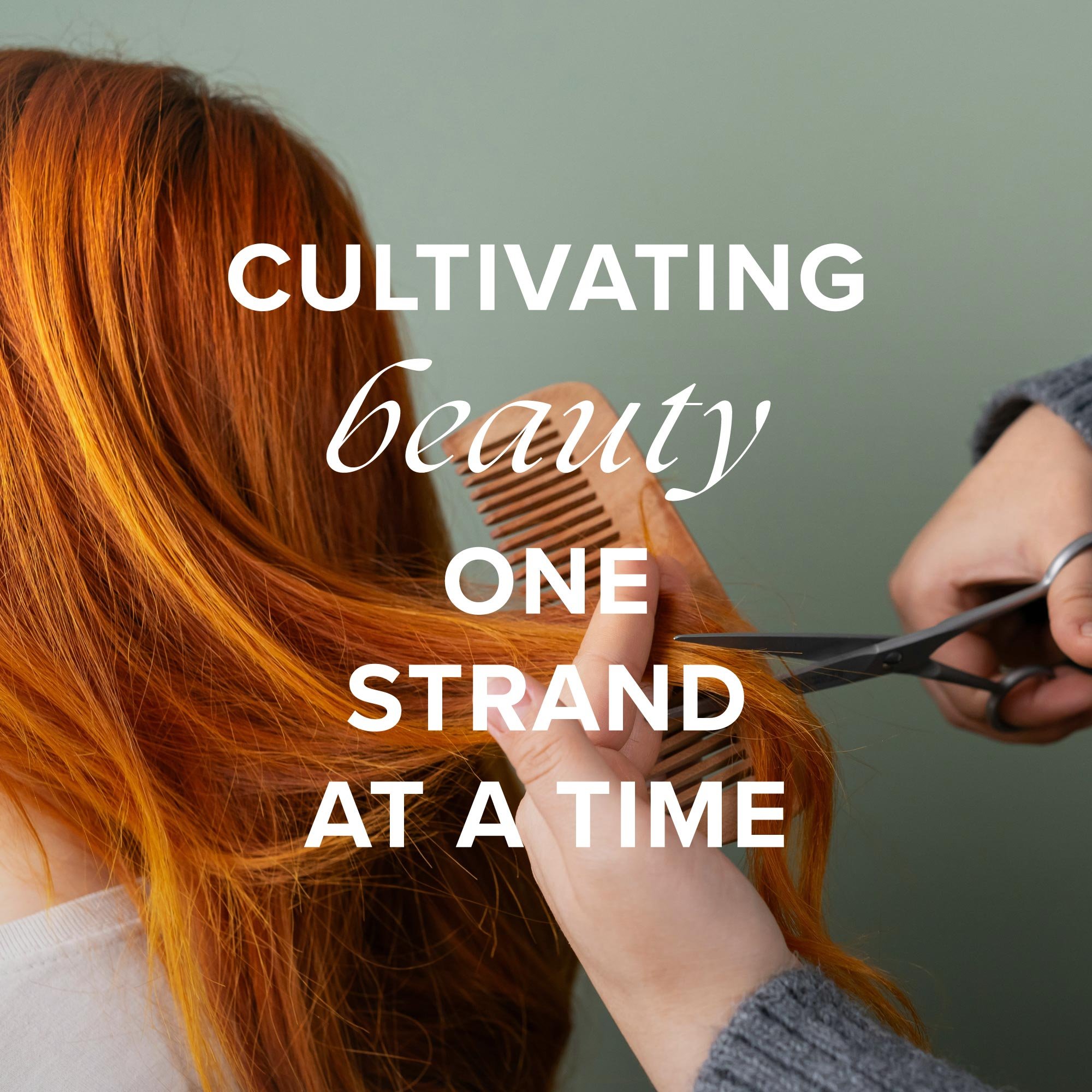 Hair salon branding visual with stylist cutting red hair and overlay text “Cultivating beauty one strand at a time” representing Flowerful Hair Salon brand identity.