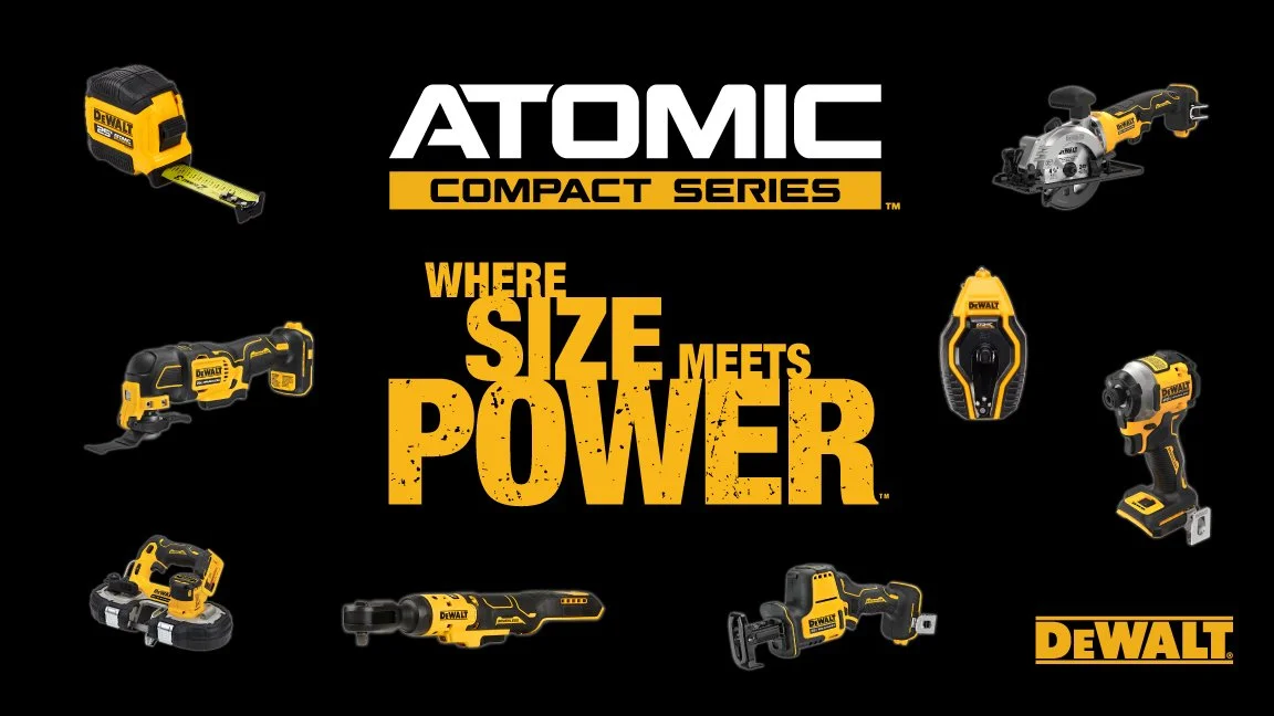 DeWALT Atomic Compact Series logo with various power tools around it, including a tape measure, circular saw, grinder, laser level, impact driver, reciprocating saw, flashlight, and cordless drills, set against a black background.