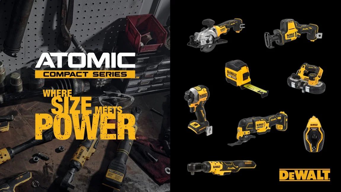 DeWalt Atomic Compact Series power tools displayed on a black background, including various drills, saws, a measuring tape, a sander, and a laser level, with promotional text and logo.