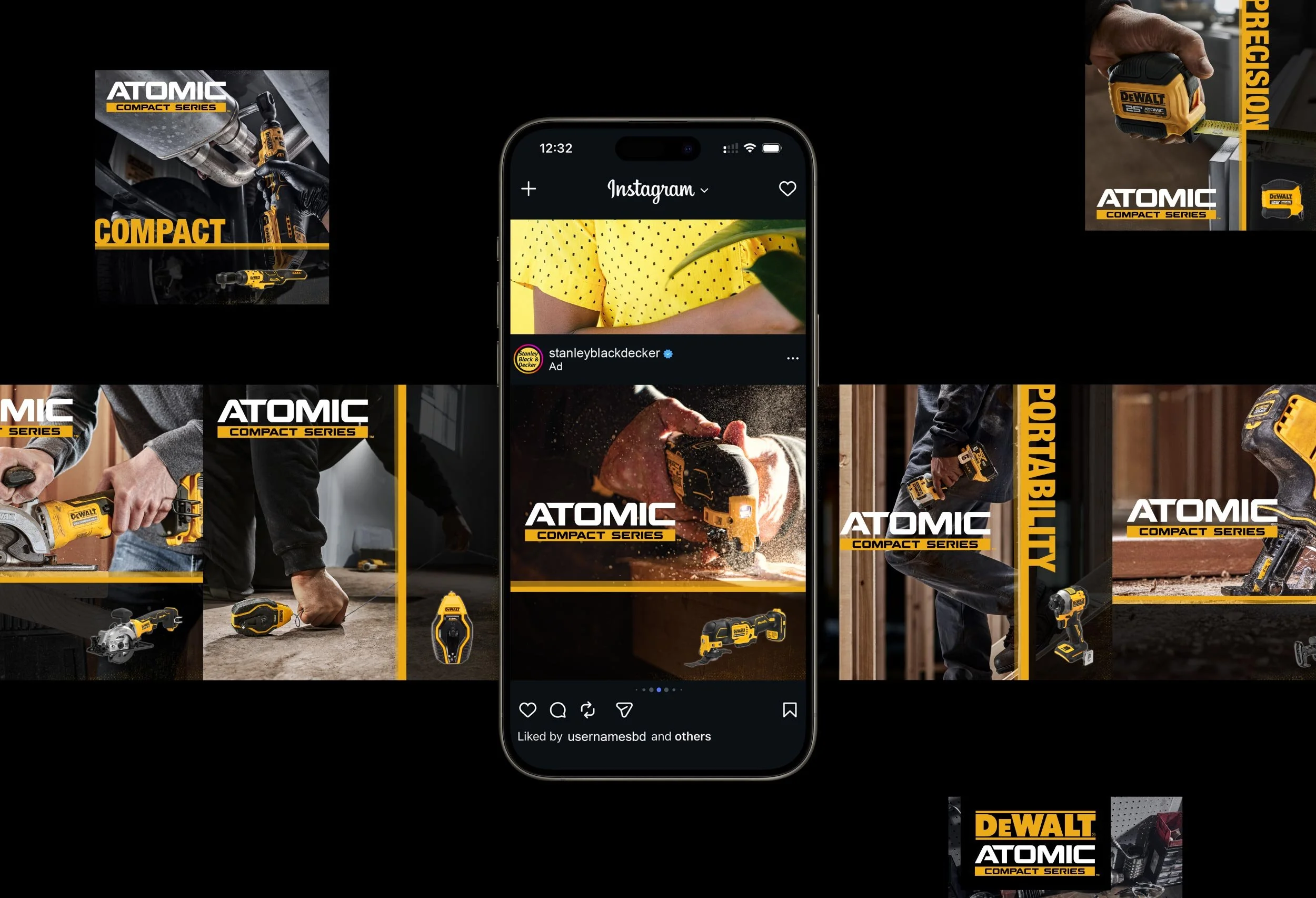 Stanley Black and Decker DeWalt Atomic Compact Series Meta Instagram sponsored carousel ad cards displayed on an iPhone phone mockup on a black background, showing the full social media campaign creative suite.