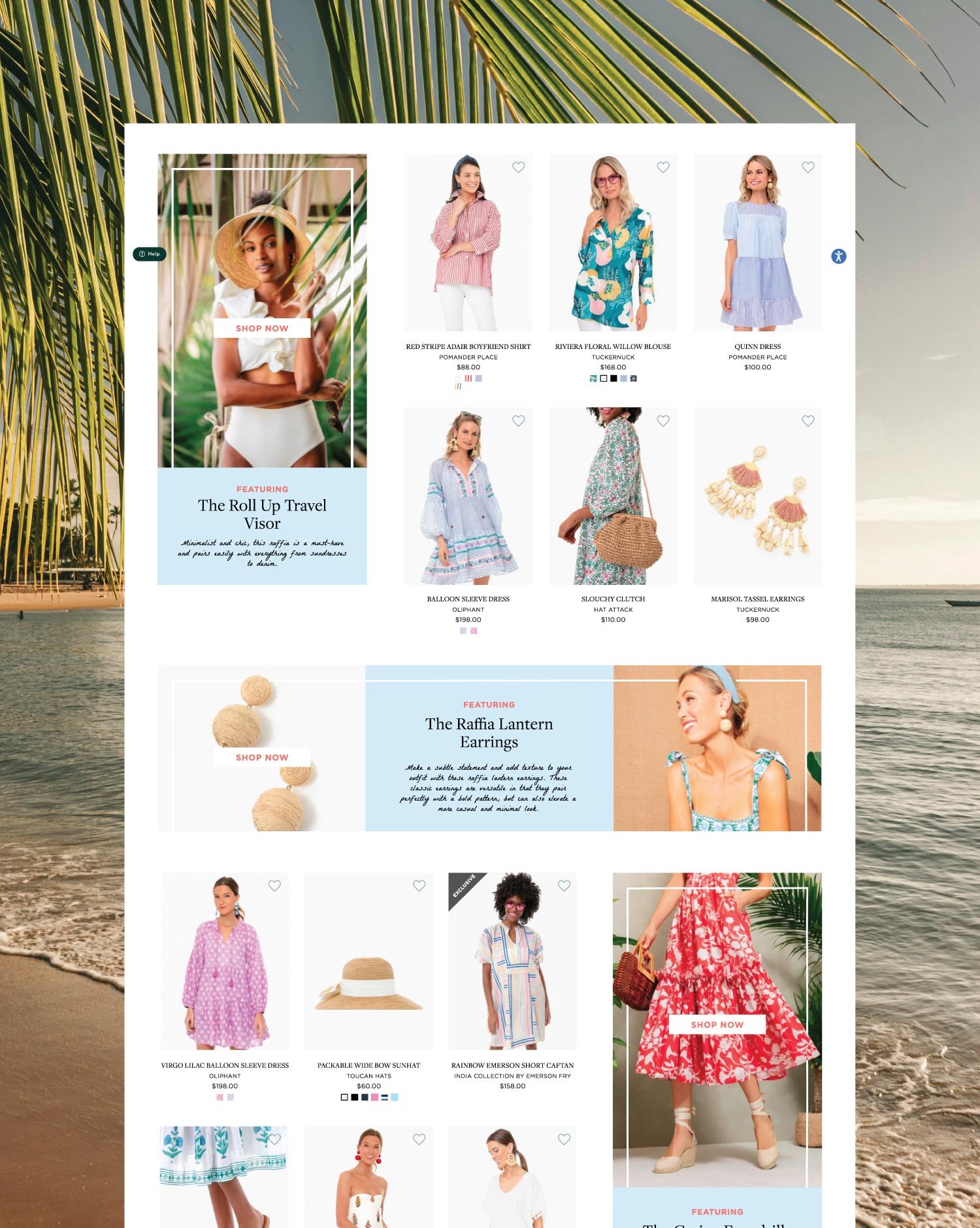 Tuckernuck Resort Shop desktop e-commerce landing page with a product grid featuring resort apparel and accessories, editorial spotlight blocks for the Roll Up Travel Visor and Raffia Lantern Earrings, set against a tropical beach background.