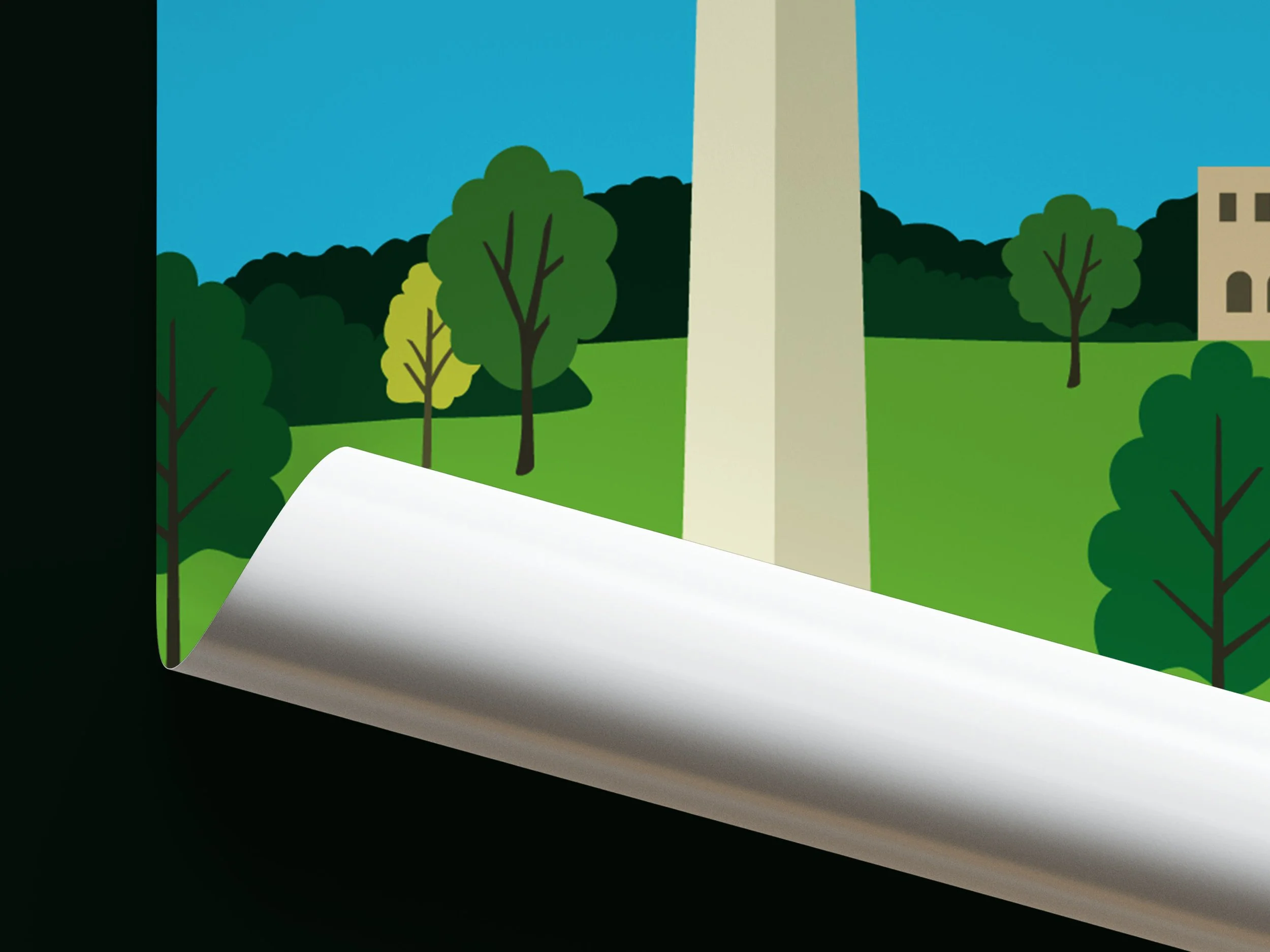 Destination DC Washington Monument National Mall illustration event print poster detail mockup showing the bottom corner rolled up revealing the paper backing against a dark background.