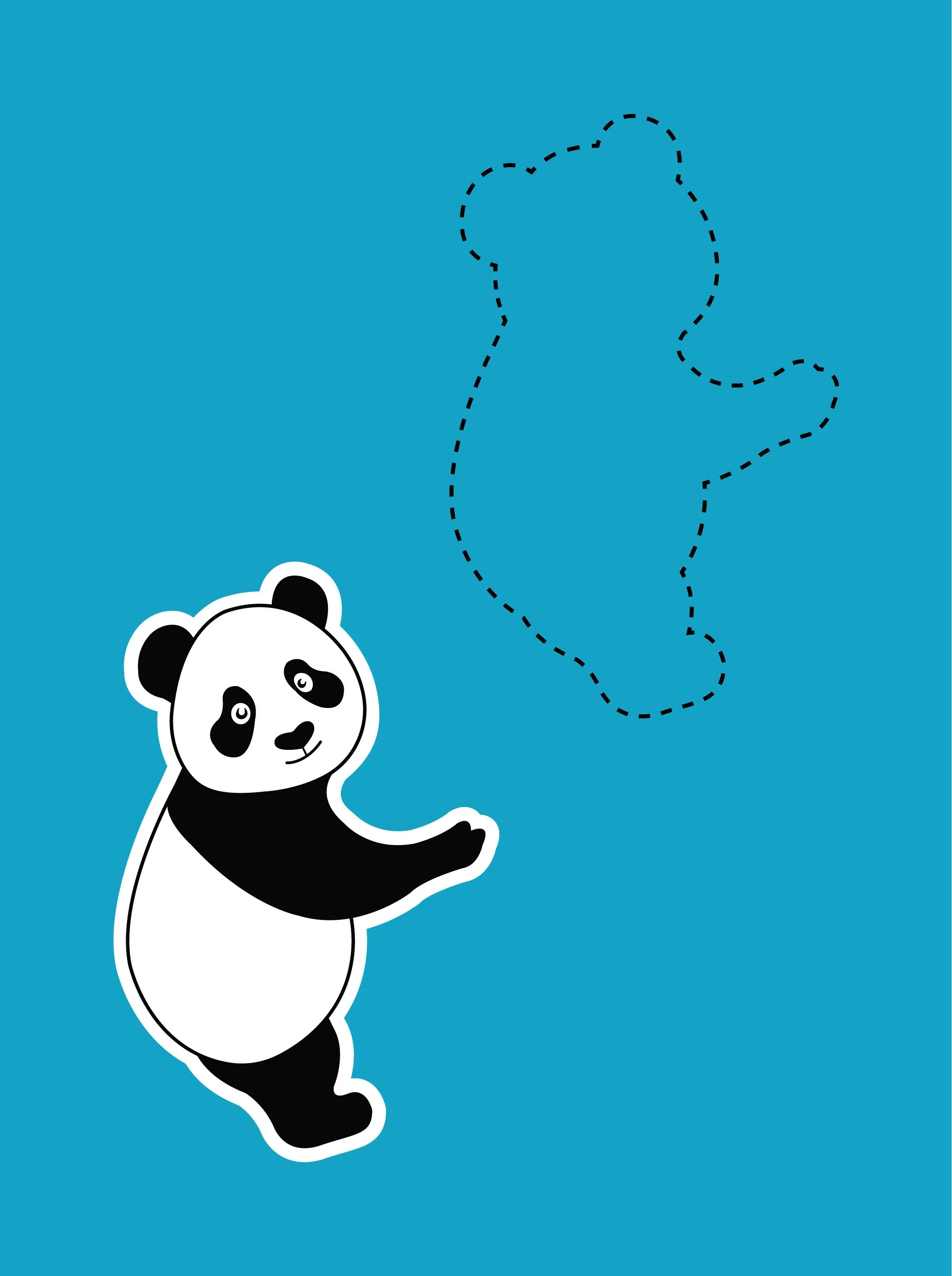 Destination DC cute cartoon giant panda character die-cut sticker design with a white border outline and dashed cut line on a bright blue background.