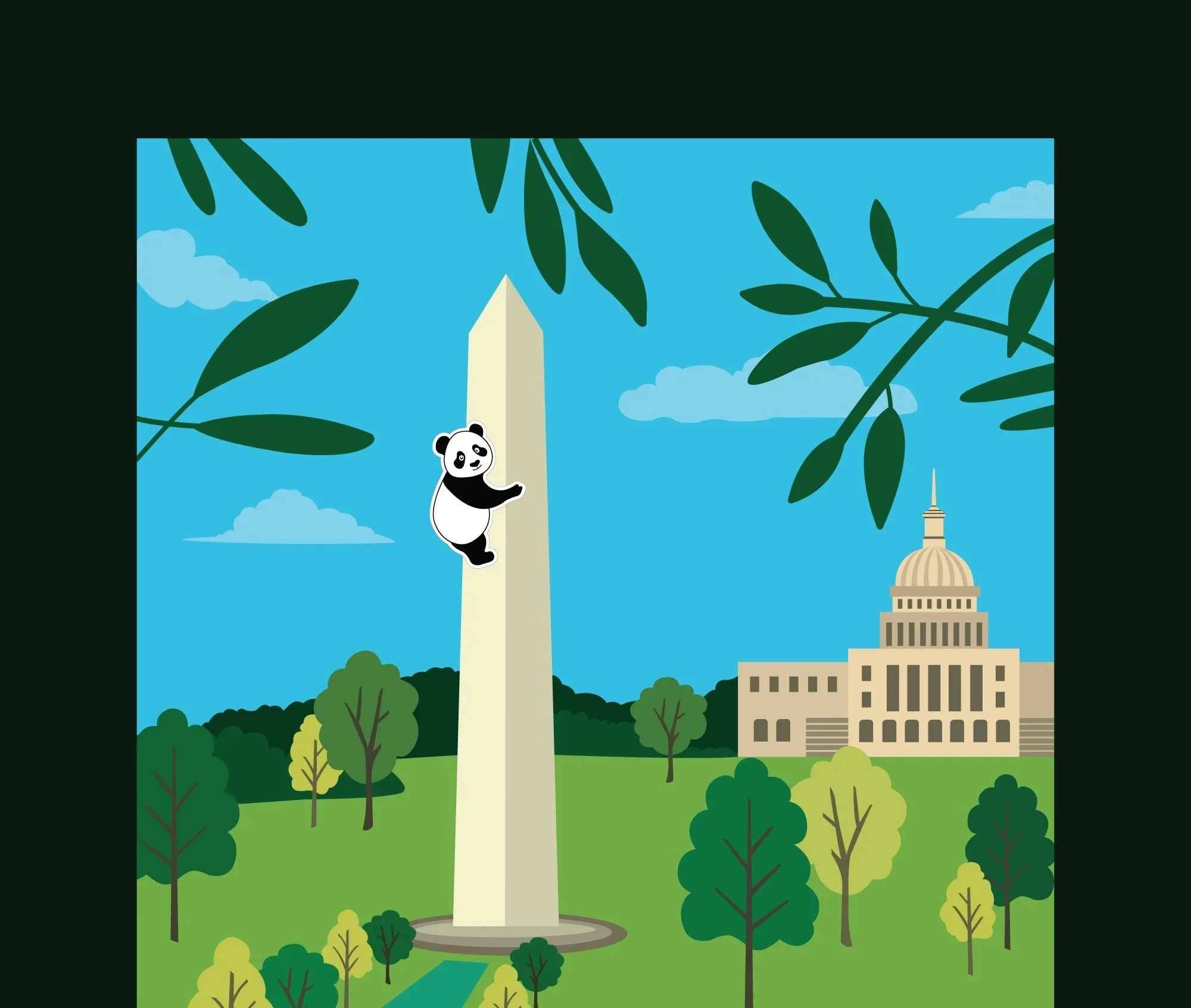 Destination DC open house event poster design illustration featuring a cartoon panda climbing the Washington Monument on the National Mall with the US Capitol building and bamboo leaves in the background.