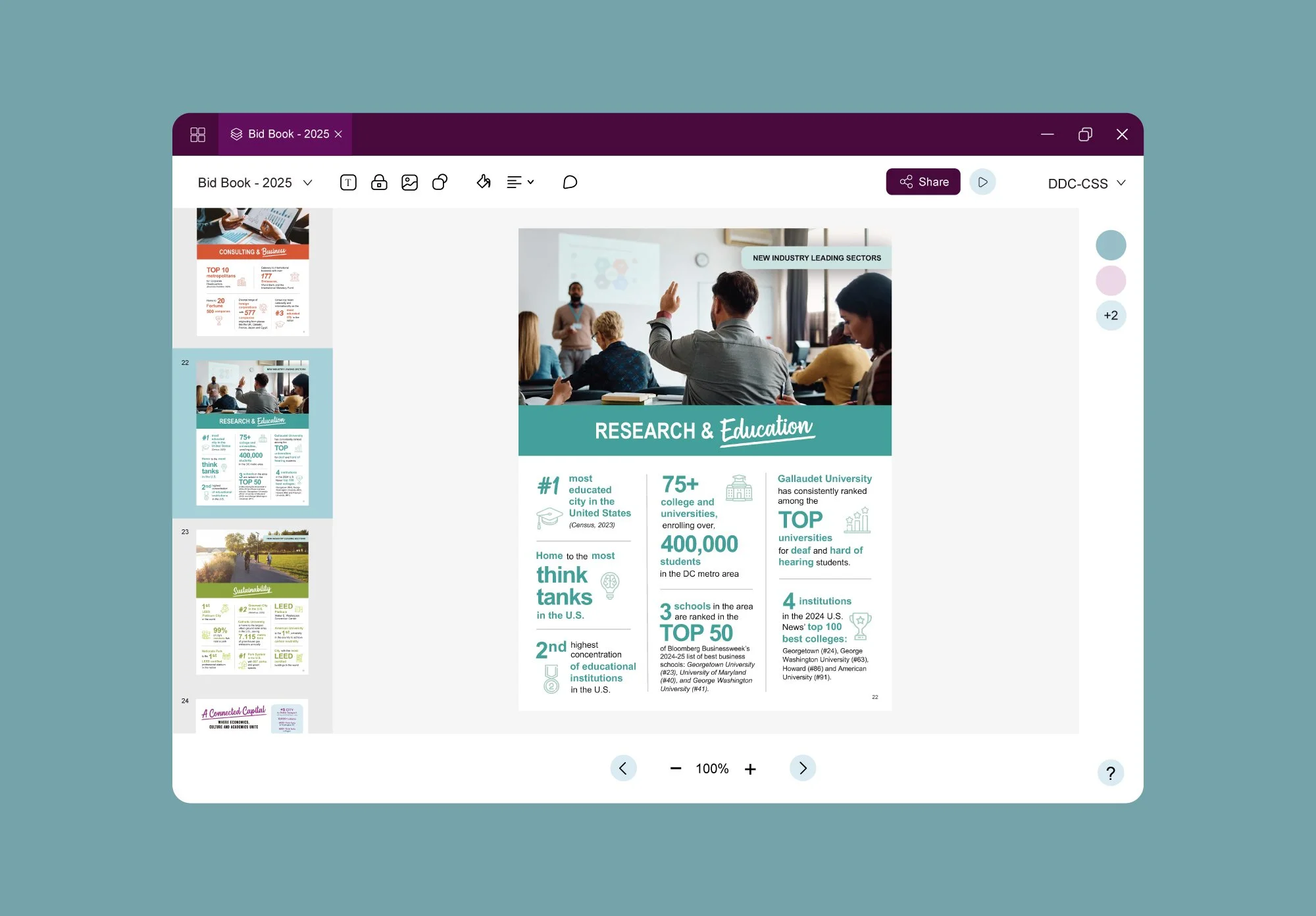Bid Book presentation design showing the Research and Education infographic slide layout in Microsoft PowerPoint.