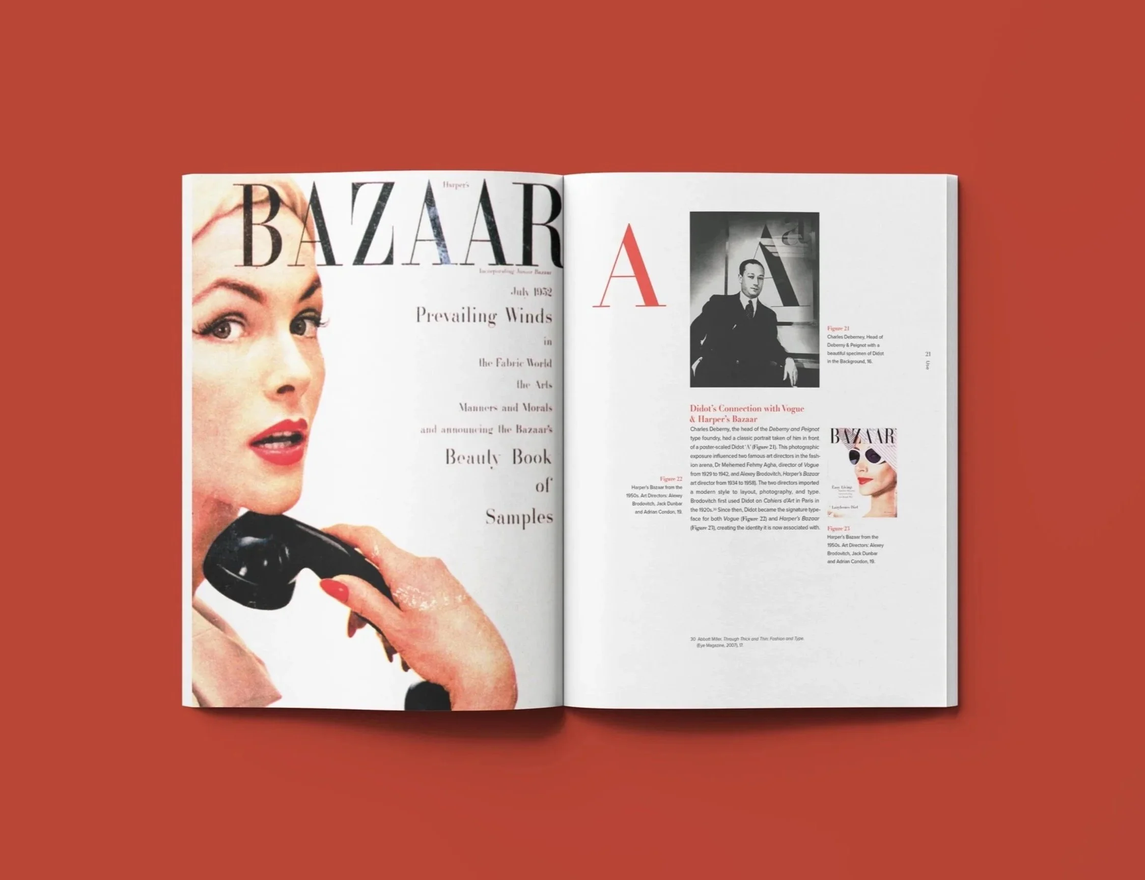 An open magazine featuring a large portrait of a woman with red lipstick holding a black telephone receiver to her ear, against a solid red background.