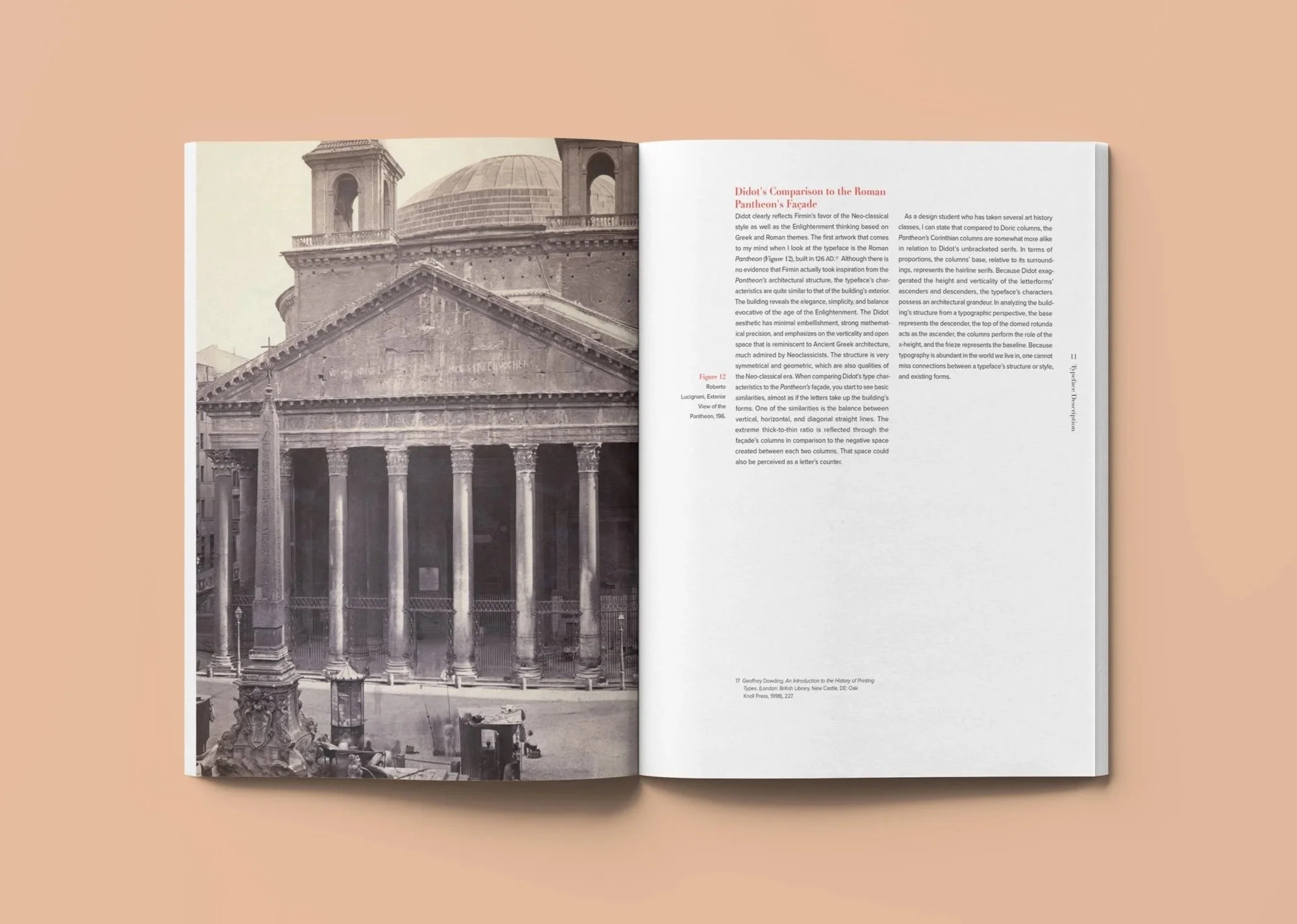 Didot typeface monograph editorial print book design layout spread featuring a vintage black and white photograph of the Roman Pantheon facade alongside a chapter comparing Didot's typographic structure to Neoclassical architecture.