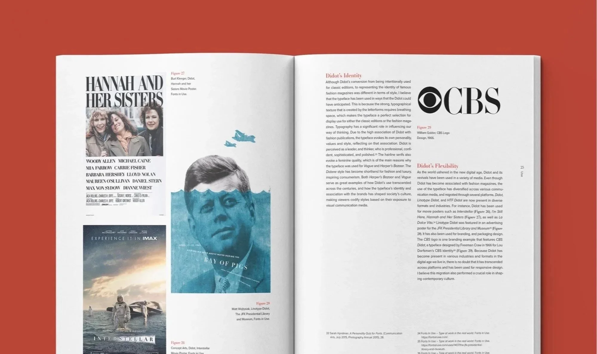 Didot typeface monograph editorial print book design layout spread featuring Didot's use in film and broadcasting, including Hannah and Her Sisters and Interstellar movie posters, and the CBS logo alongside Didot's Identity and Flexibility chapters.