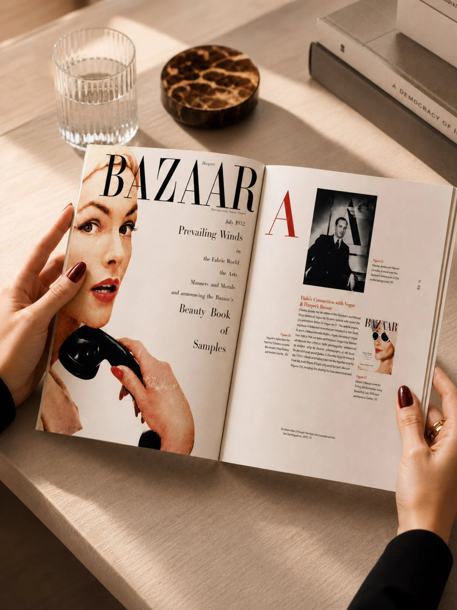 Didot typeface monograph editorial print book design layout Harper's Bazaar chapter spread held open by a woman's hands with red nails in a styled studio setting beside a glass of water and decorative objects.