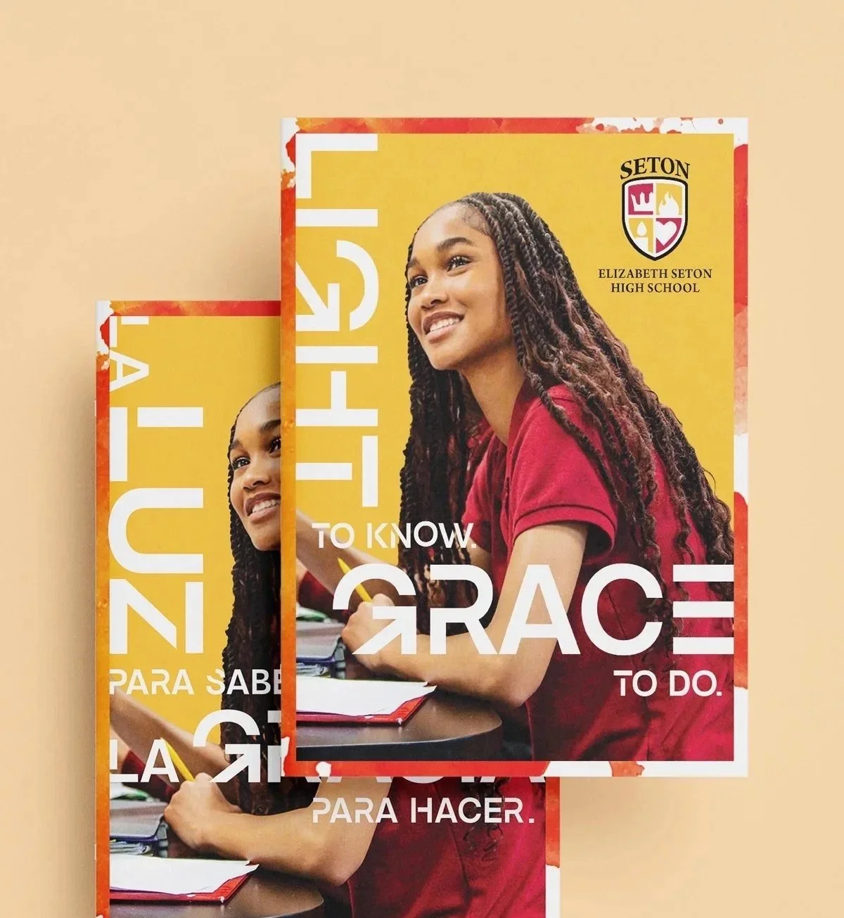 Yasmine Design Co. – Elizabeth Seton High School lookbook design featuring bilingual English and Spanish book covers with bold typography, school crest, and the tagline "Light to Know, Grace to Do”.