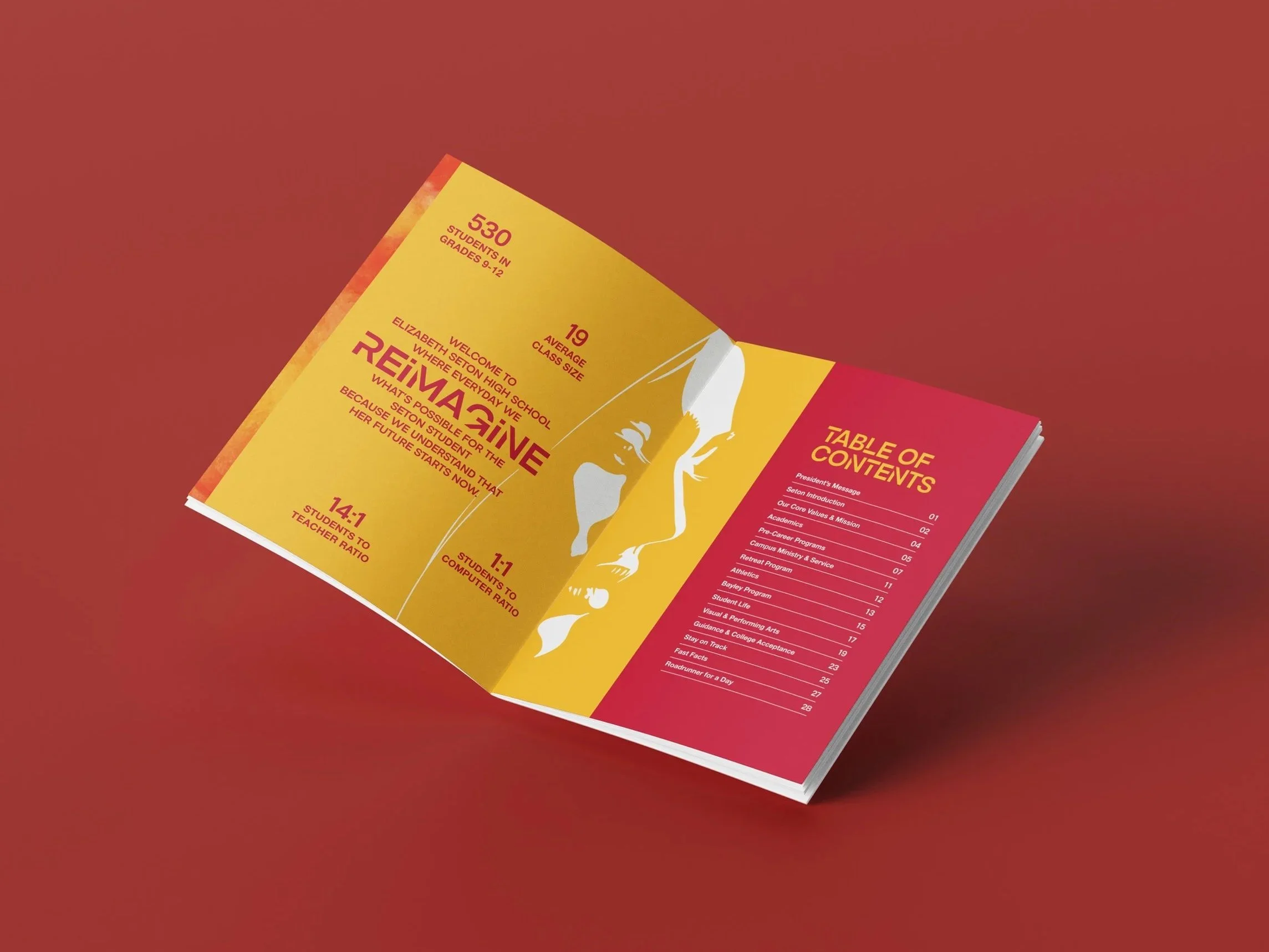 Yasmine Design Co. – Elizabeth Seton High School lookbook design featuring a floating table of contents spread with the illustration of a female facial profile, vibrant red and yellow color, watercolor textures, and bold, modern typography.