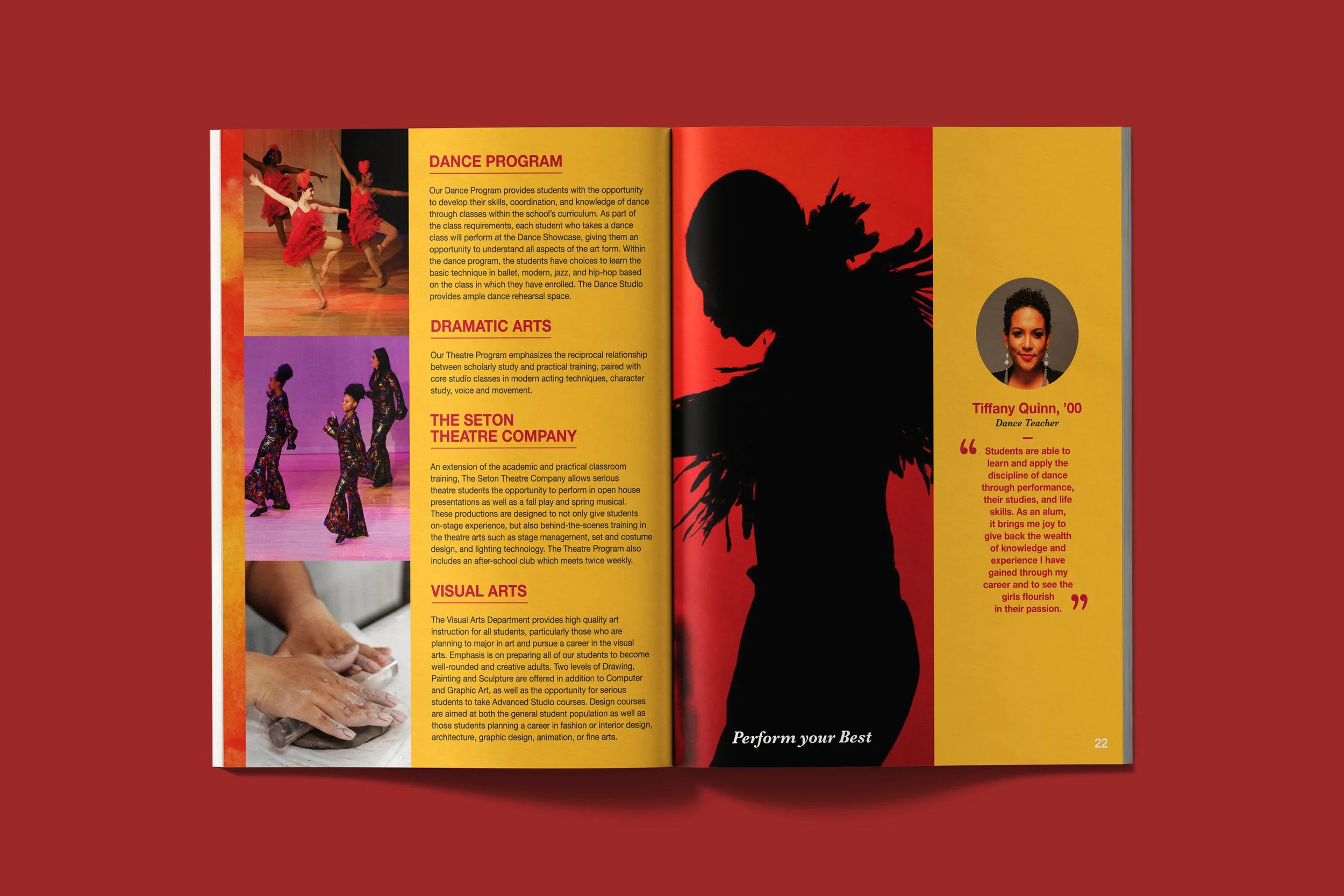 Yasmine Design Co. – Elizabeth Seton High School academic programs lookbook spread featuring the dance program, dramatic arts, theatre, and visual arts, with editorial layout design, vibrant red and yellow color, and watercolor textures.