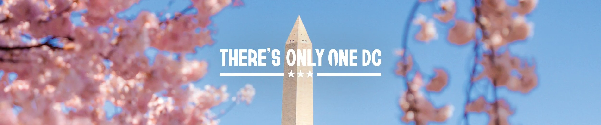 Destination DC "There's Only One DC" spring campaign cover banner ad featuring the Washington Monument framed by cherry blossoms against a clear blue sky.