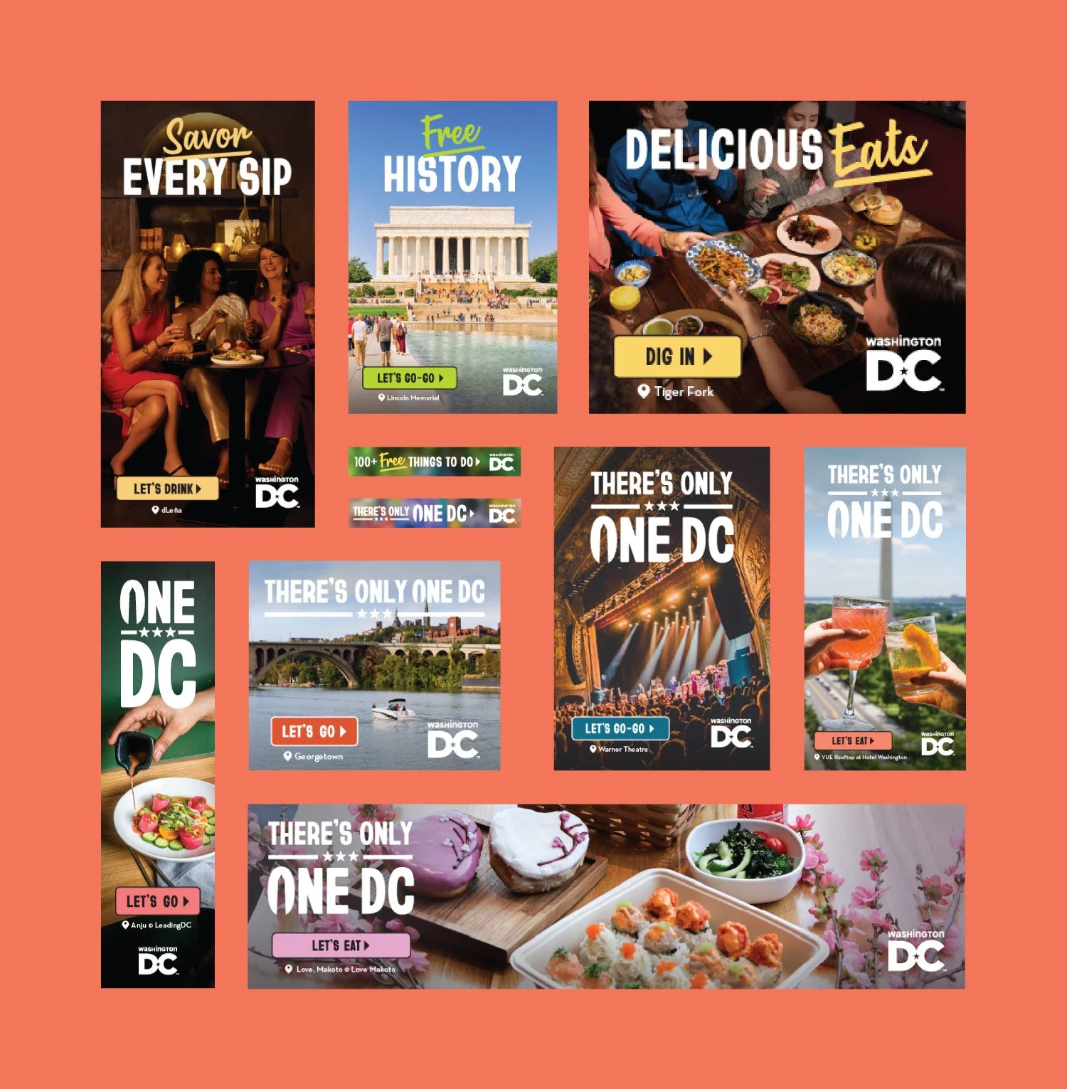 Destination DC digital display banner ads for sophisticated boomers and prosperous households, featuring "Savor Every Sip," "Free History," and "Delicious Eats" messaging with DC landmark and dining photography.