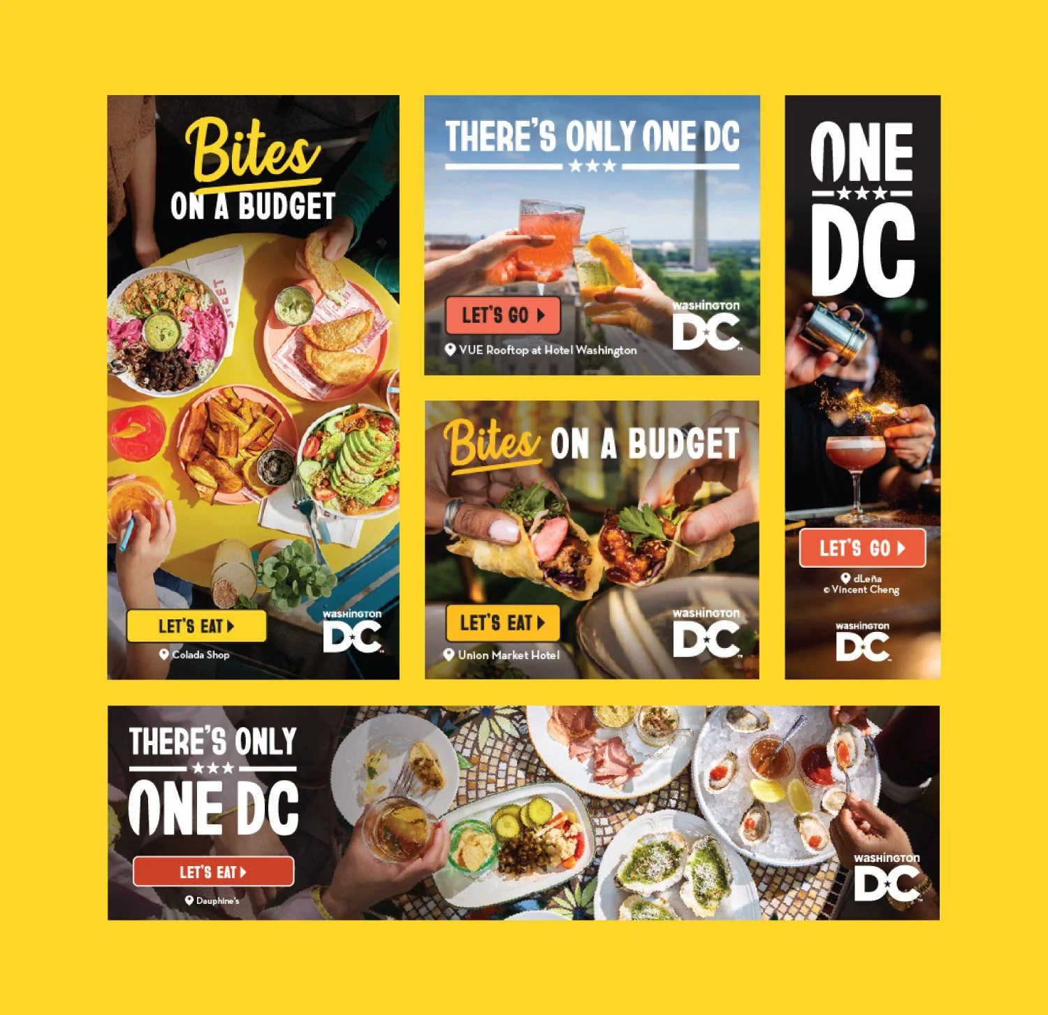 Destination DC digital display banner ads for the dining audience in bold yellow, featuring "Bites on a Budget" and "There's Only One DC" messaging across multiple dimensions with DC restaurant photography.