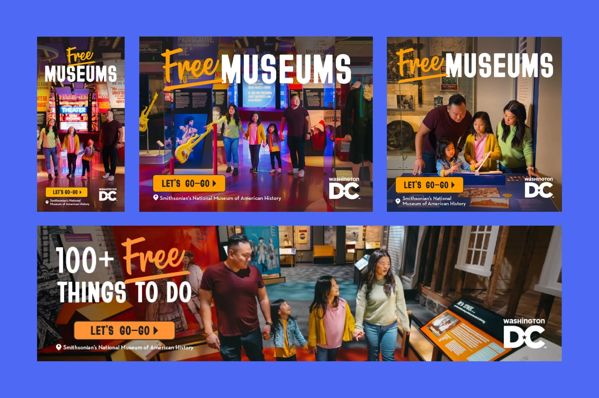 Destination DC digital display banner ads for the AAPI family audience featuring Free Museums messaging across vertical and leaderboard formats, with photography from the Smithsonian's National Museum of American History.