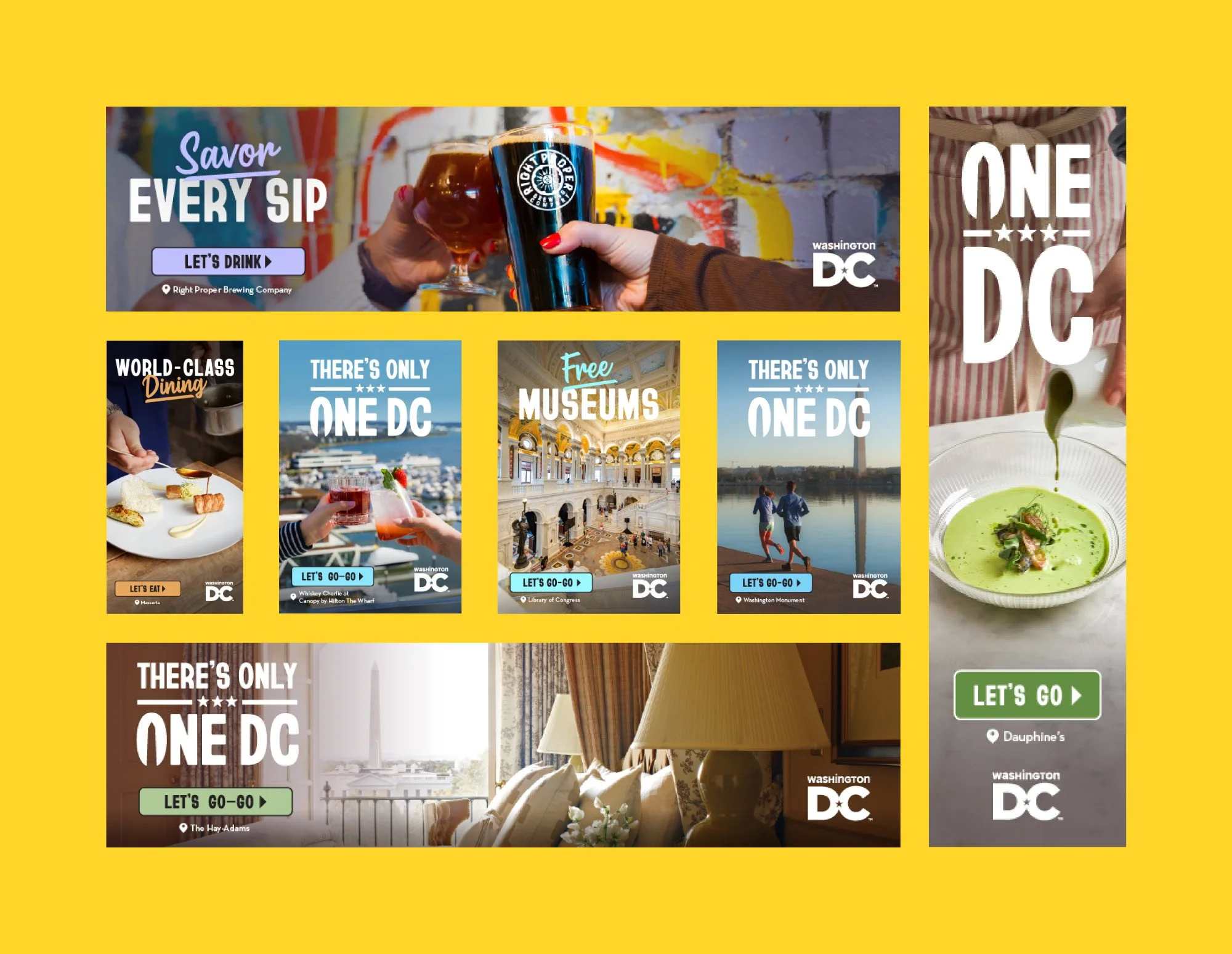 Destination DC digital display banner ads for prosperous households and general audience segments, featuring "World-Class Dining," "Free Museums," and "There's Only One DC" messaging across leaderboard and skyscraper formats.