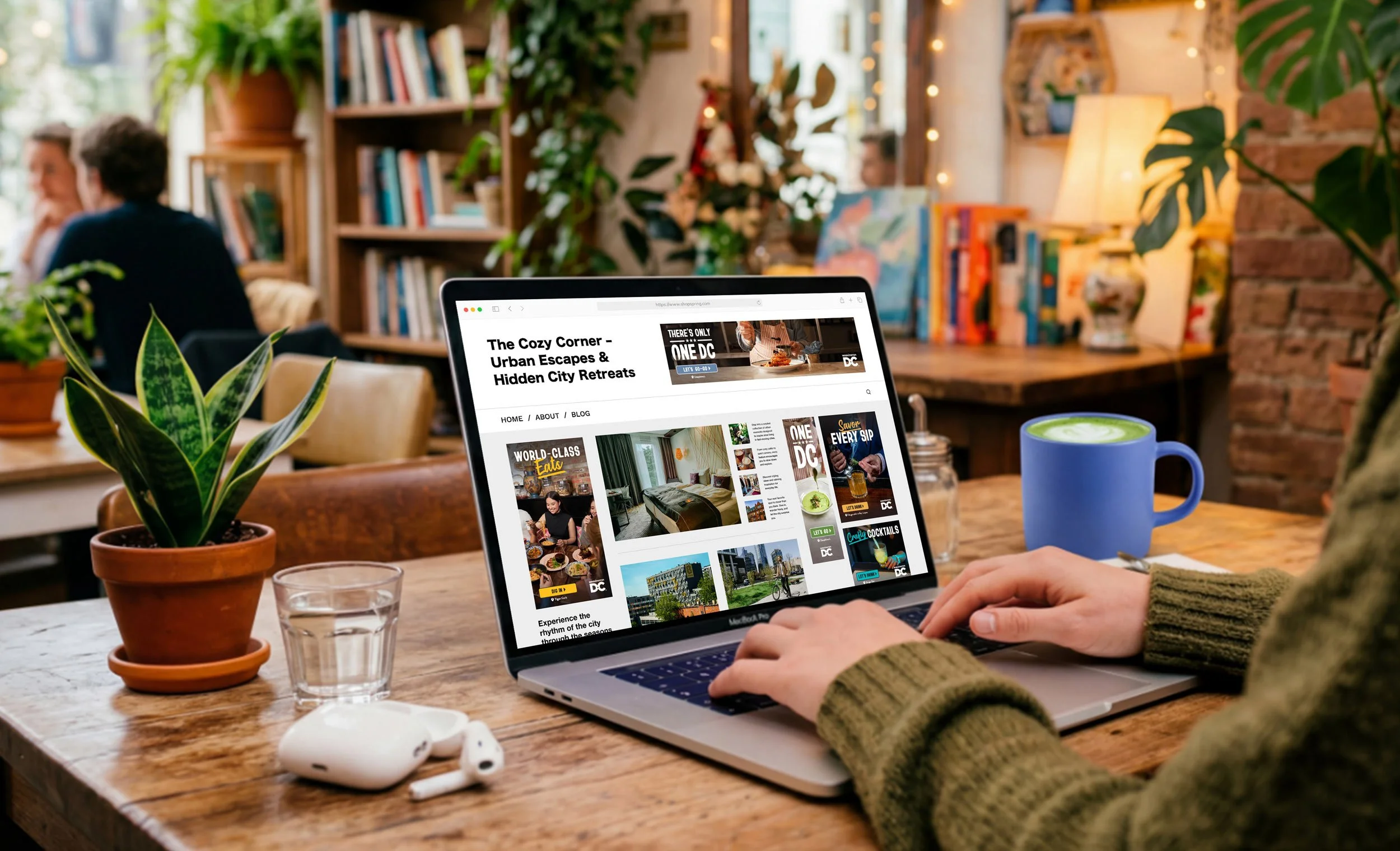 Destination DC "There's Only One DC" spring campaign banner ads shown in a website blog placement mockup on a MacBook Pro, featuring multiple ad sizes with dining and lifestyle photography.