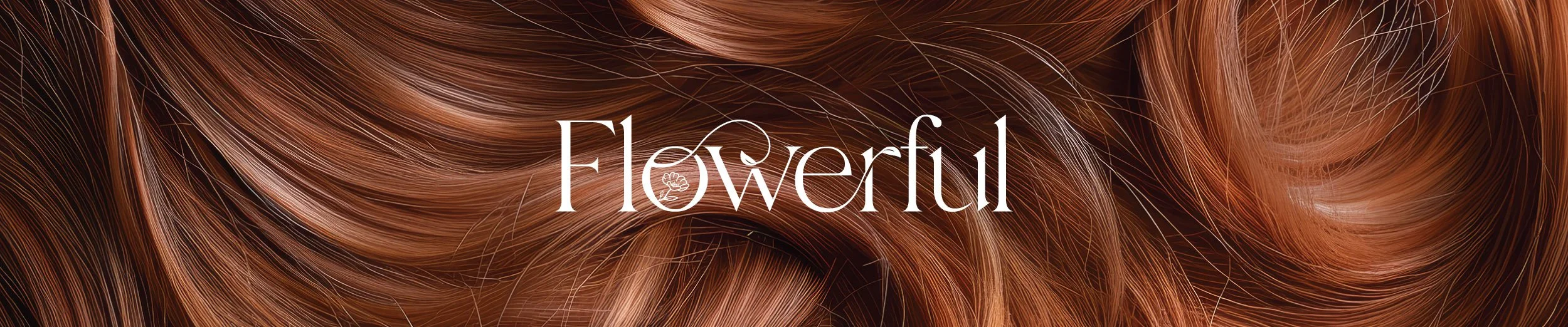 Flowerful Hair Salon brand identity cover mockup featuring the elegant white serif logo overlaid on a close-up full-bleed photograph of glossy auburn curled hair.
