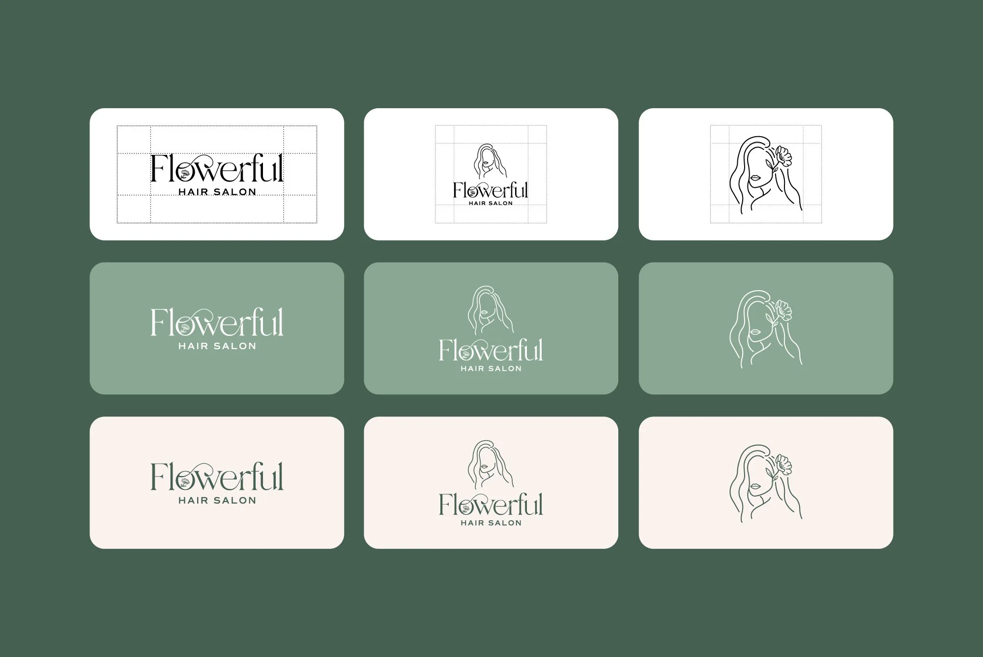 Flowerful Hair Salon brand identity logo variations and color system mockup showing nine logo applications, including the wordmark, combined logo with fine-line woman illustration, and standalone femme floral icon.
