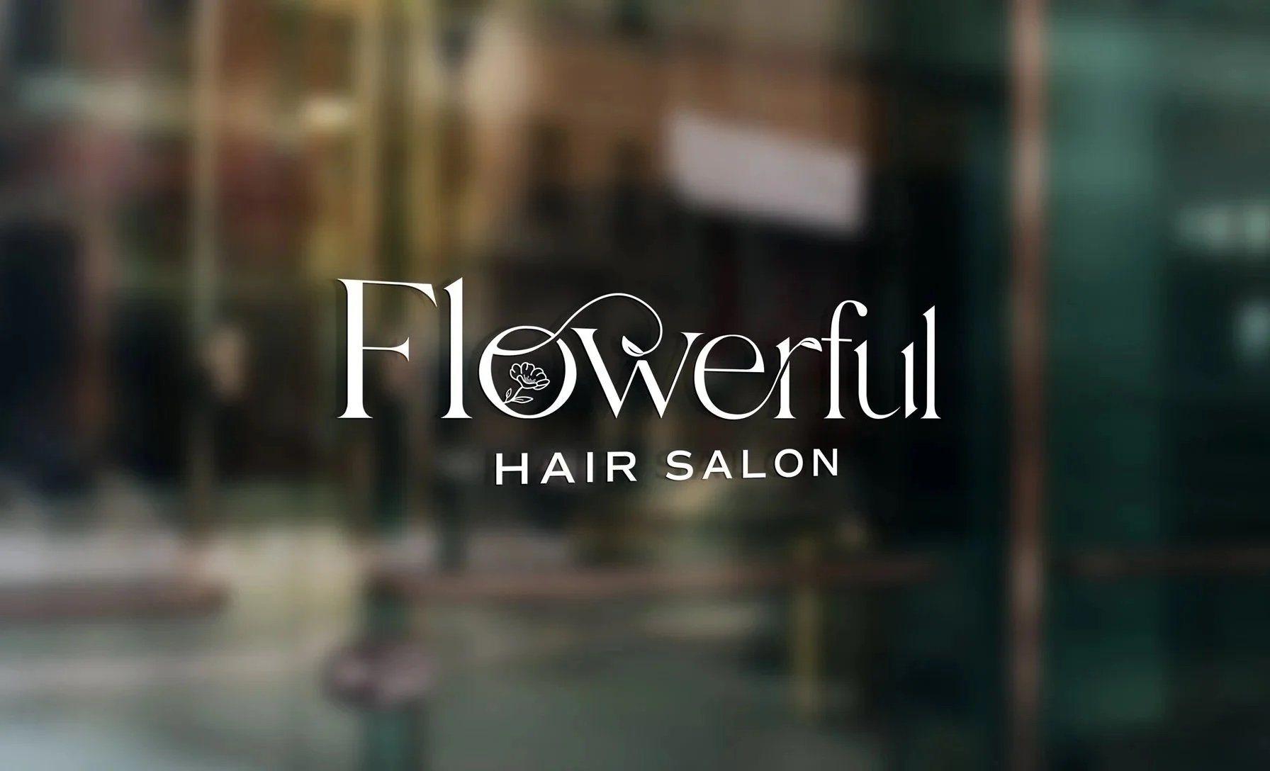 Flowerful Hair Salon brand identity logo design displayed as a frosted white vinyl decal on a glass storefront window, featuring elegant serif typography with a floral illustration integrated into the letterform.