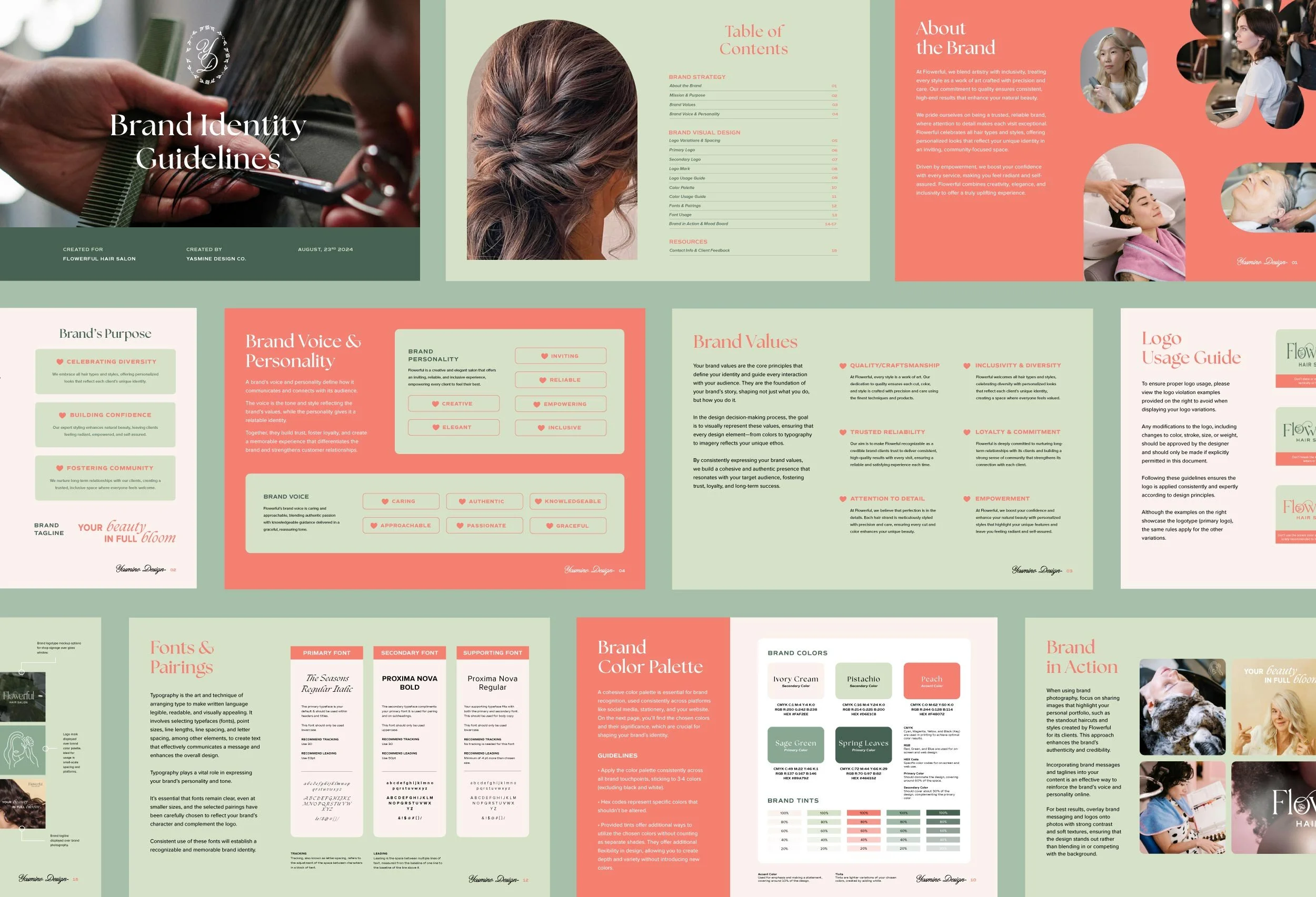 Brand identity guidelines deck for Flowerful Hair Salon featuring logo usage, color palette, typography, and brand voice in a soft green and peach aesthetic by Yasmine Design Co.