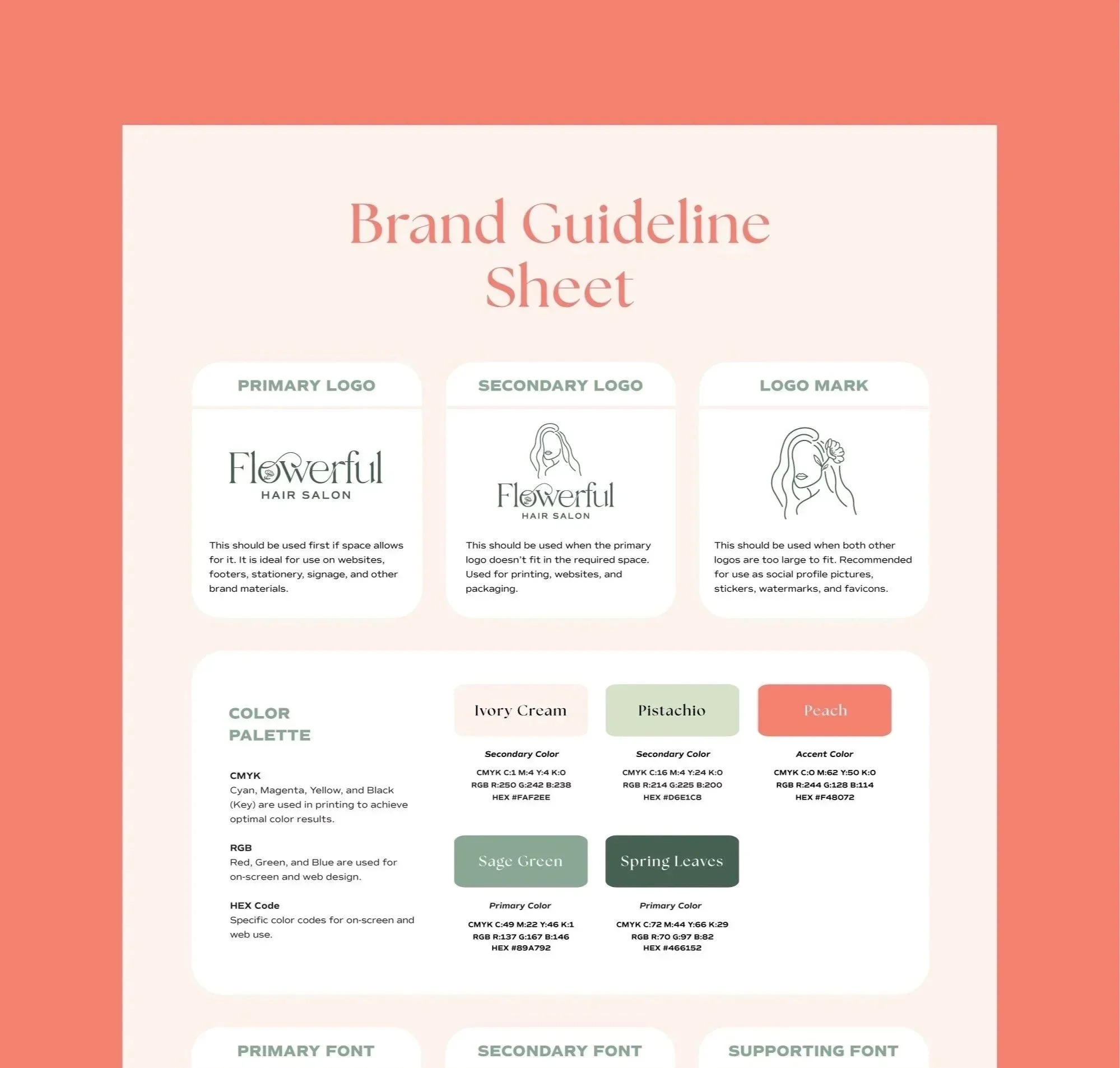A branding guidelines sheet for a hair salon called Flowerful. The sheet includes sections for logos, colors, fonts, and supporting elements, with sample logos and color palettes.