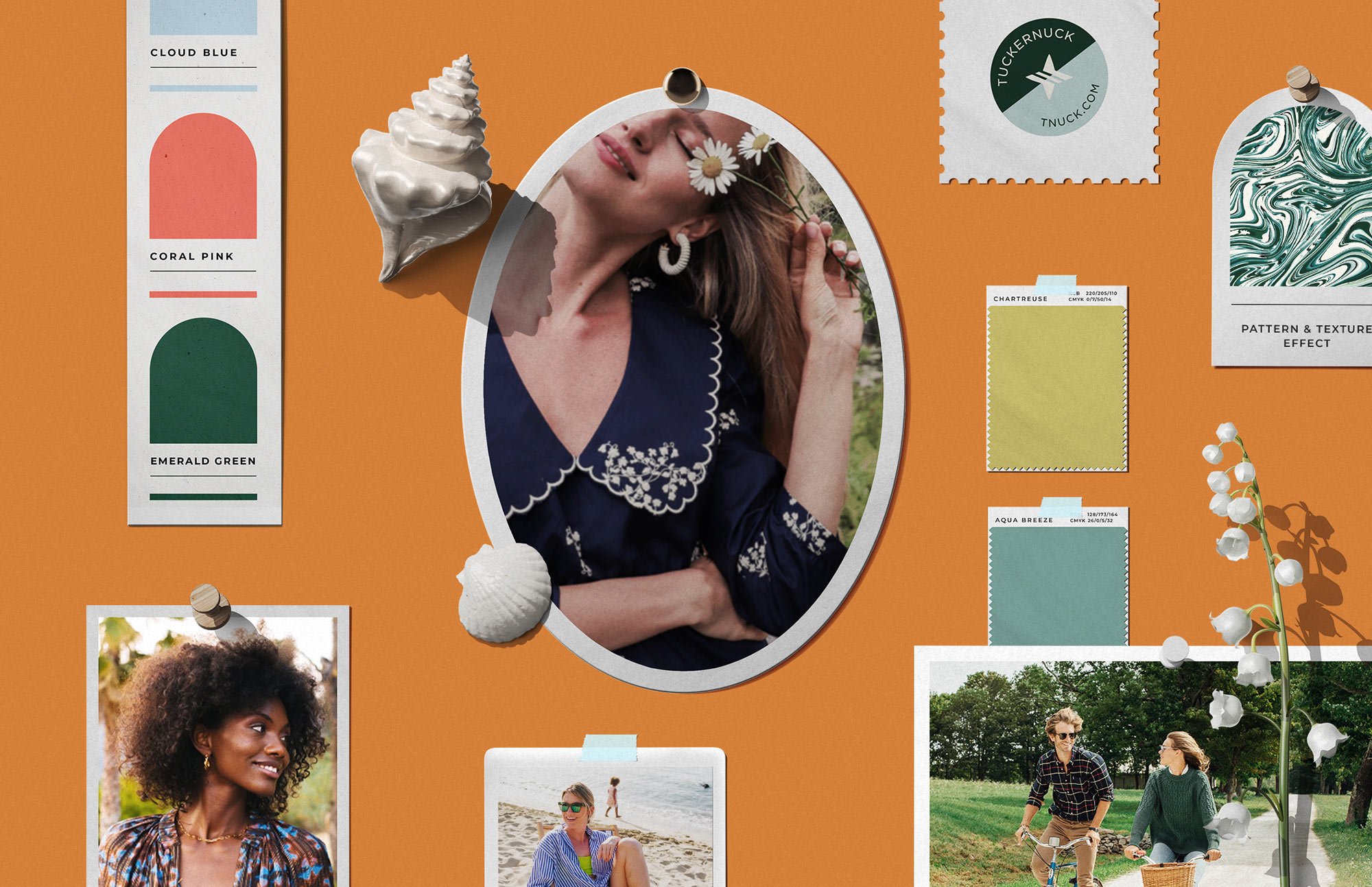 Tuckernuck brand mood board by Yasmine Design Co featuring color palette swatches for Cloud Blue, Coral Pink, and Emerald Green alongside lifestyle fashion photography, seashell props, and Pantone fabric swatches on an orange background.