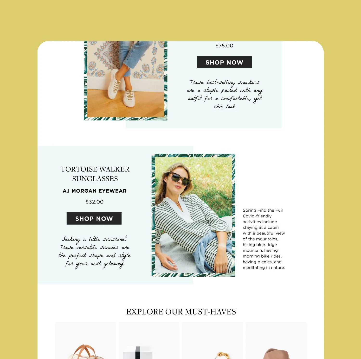 Tuckernuck email marketing design featuring product spotlight blocks for the Tortoise Walker Sunglasses and best-selling sneakers, with handwritten-style italic copy, Shop Now buttons, and a Must-Haves product grid.
