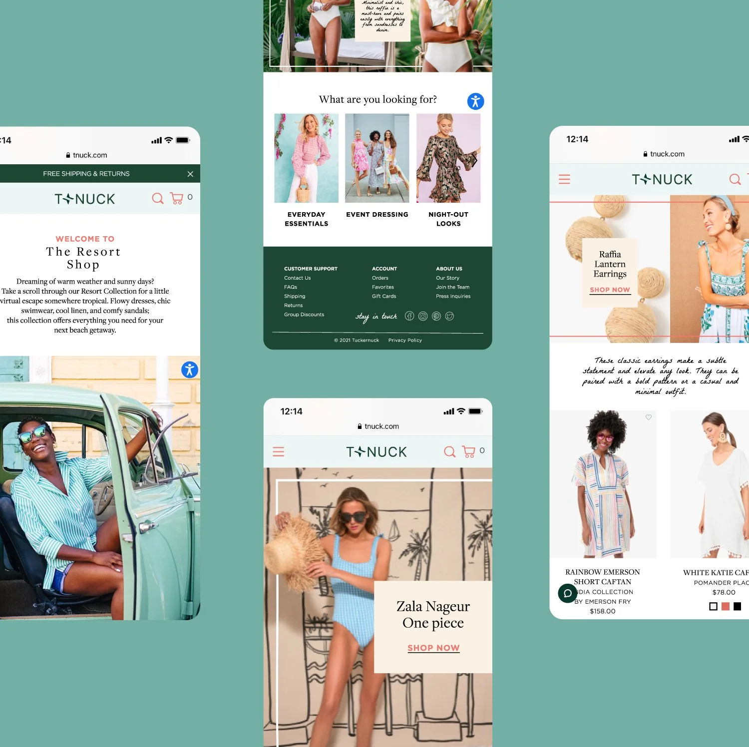 Tuckernuck Resort Shop mobile responsive design across multiple iPhone screens, including the Resort Shop welcome page, product feature views, category browsing grid, and footer navigation on a sage green background.