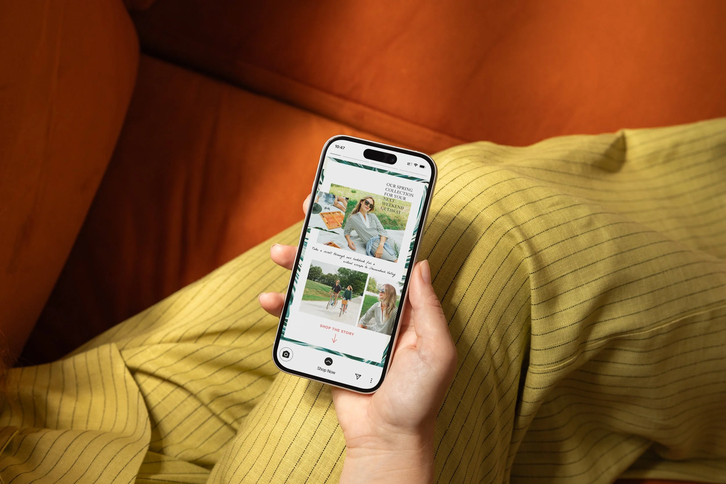 Tuckernuck spring collection Instagram Story design on an iPhone mockup, featuring a fashion photo collage layout with the headline "Our Spring Collection for Your Next Weekend Getaway" and a Shop the Story CTA.