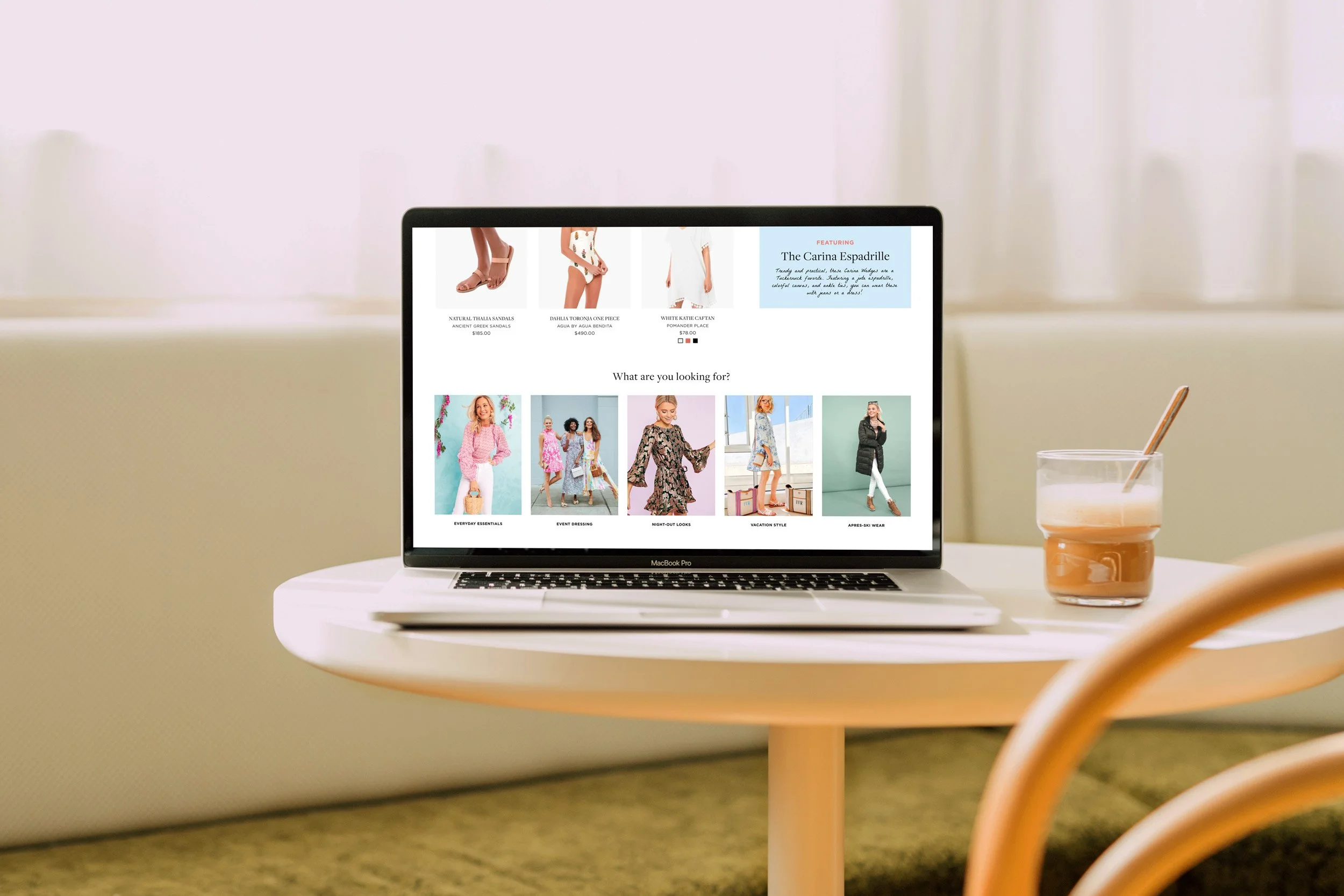 Tuckernuck Resort Shop desktop UI on a MacBook Pro showing a "What are you looking for?" section with lifestyle photography organized into categories: Everyday Essentials, Event Dressing, Night-Out Looks, Vacation Style, and Après-Ski Wear.