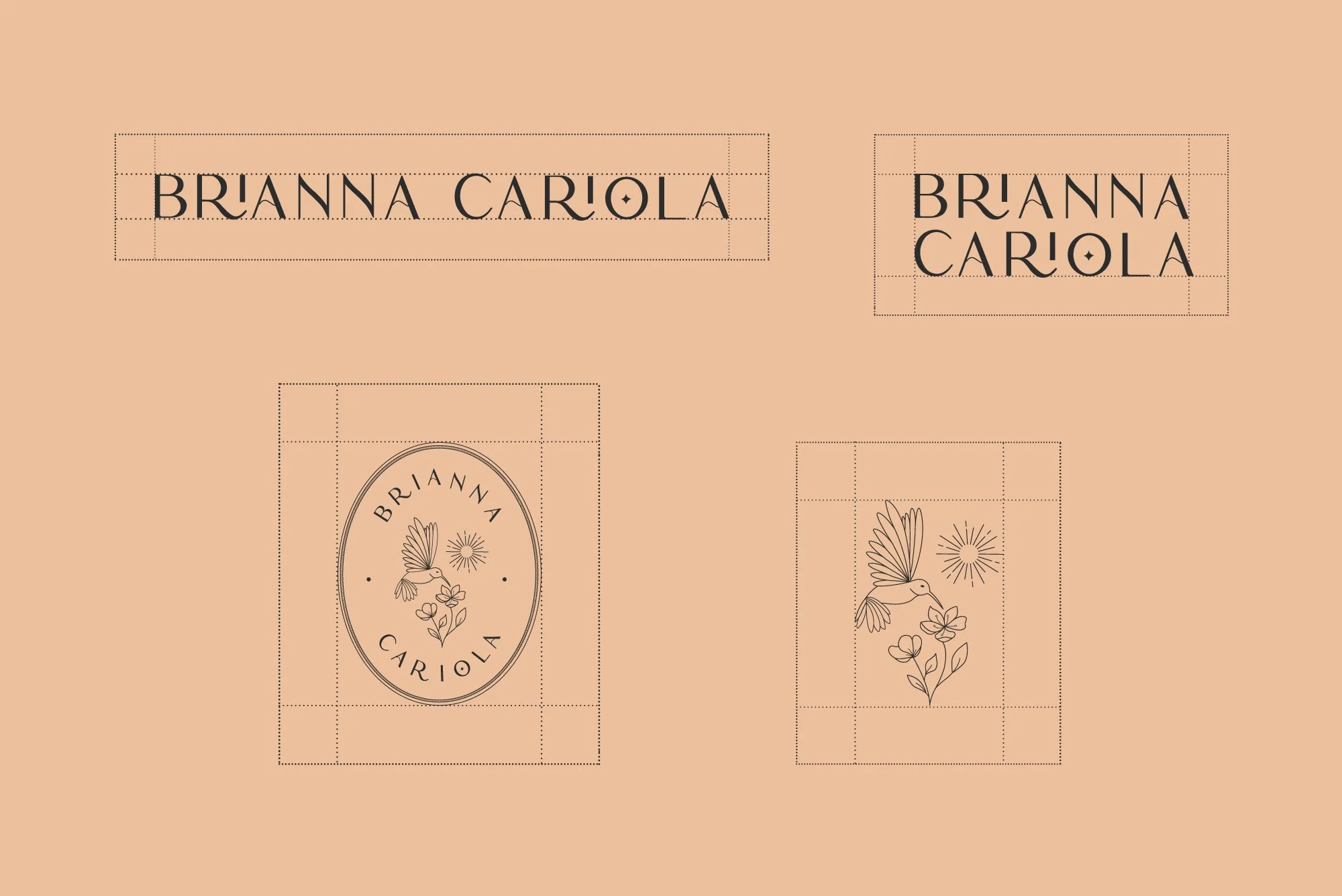 Brianna Cariola photography brand identity logo variations design mockup on a warm sand background showing the horizontal logotype, stacked logotype, oval badge alternate logo, and standalone hummingbird pictorial sub-mark with spacing guidelines.