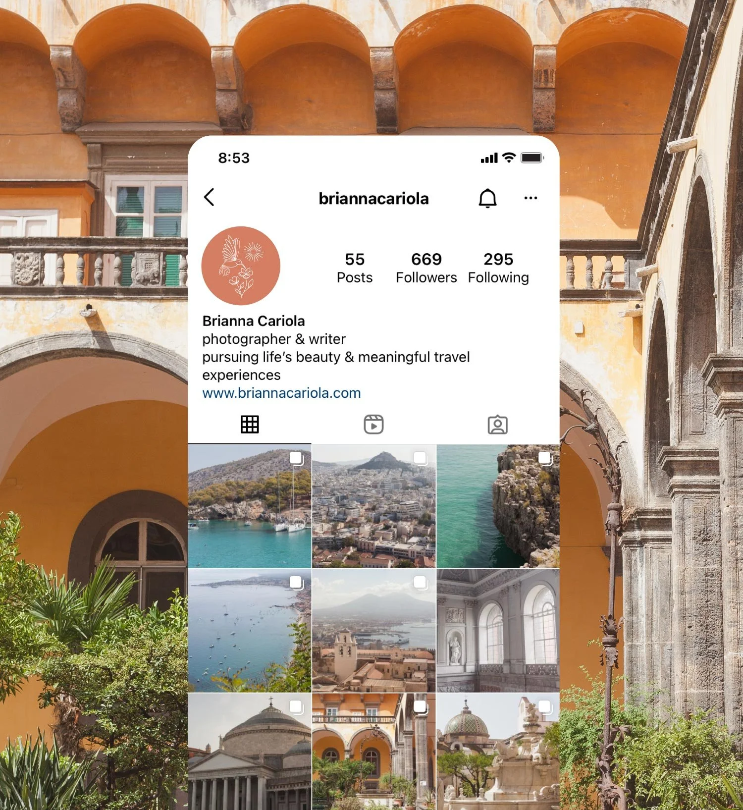 Brianna Cariola photography brand identity pictorial logo sub-mark applied as an Instagram profile avatar on a travel photography account page, shown against a warm terracotta Italian architectural background.