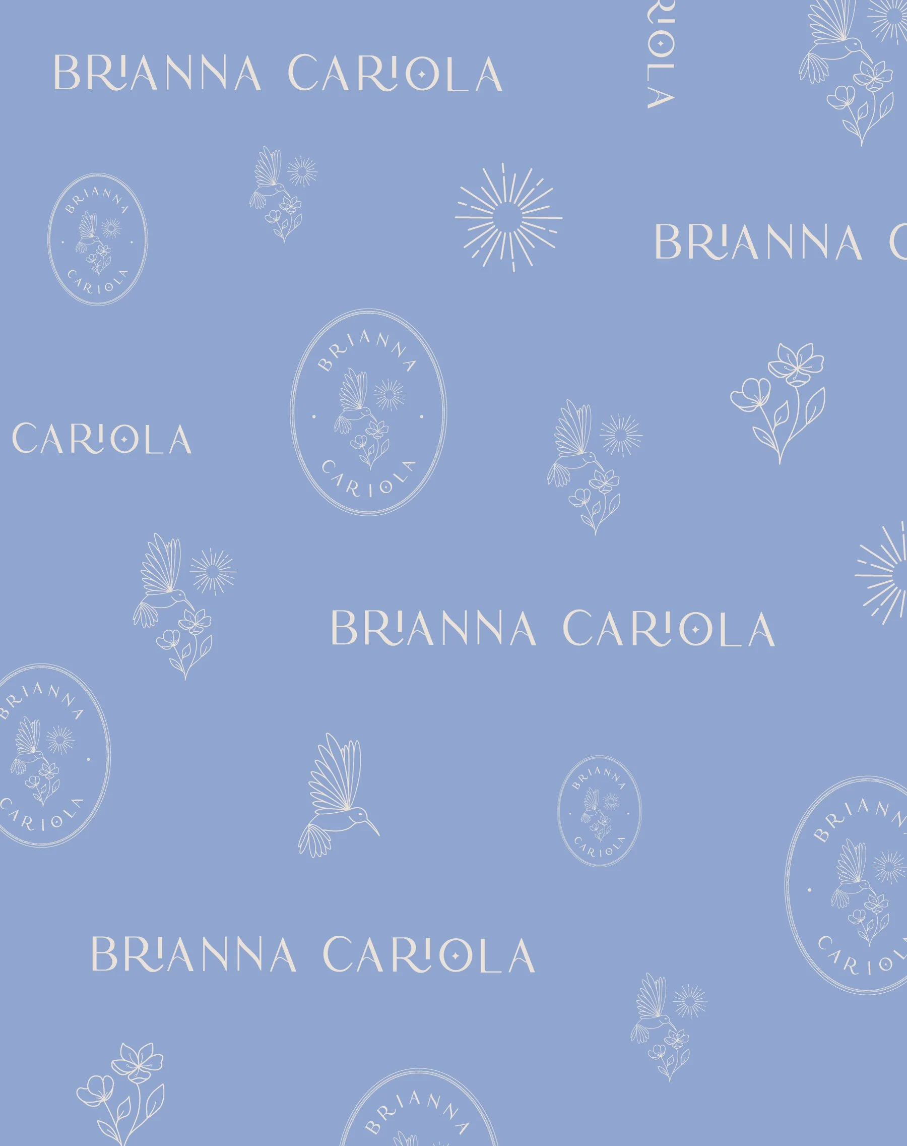 Brianna Cariola photography brand identity logo variations and brand pattern design mockup on a periwinkle blue background featuring the wordmark, oval badge logo, hummingbird pictorial mark, sun burst, and floral illustrations in a pattern.