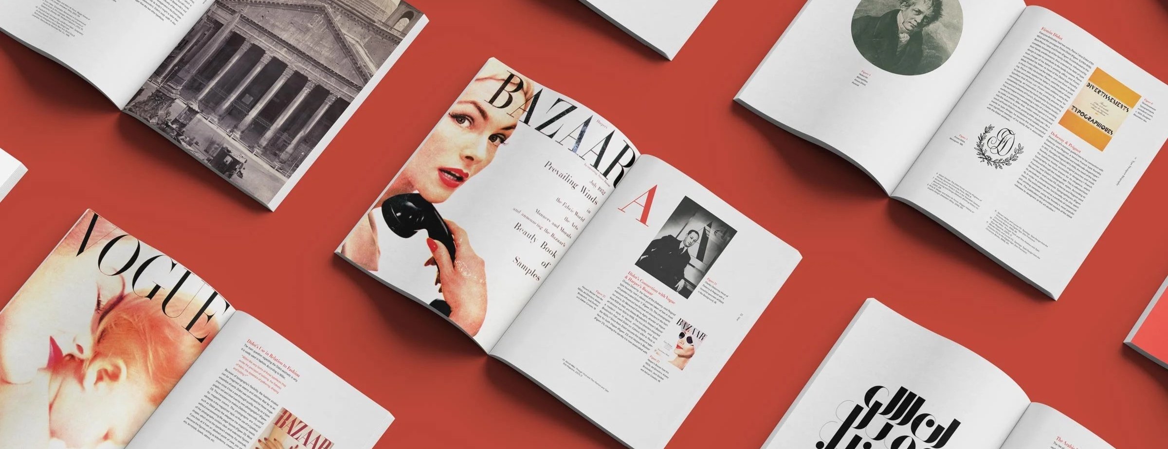 Didot typeface monograph editorial print book design layout diagonal overhead mockup showing multiple open book spreads scattered on a red background, including Vogue, Harper's Bazaar, Pantheon, Arabic lettering, biography, and movie poster chapters.