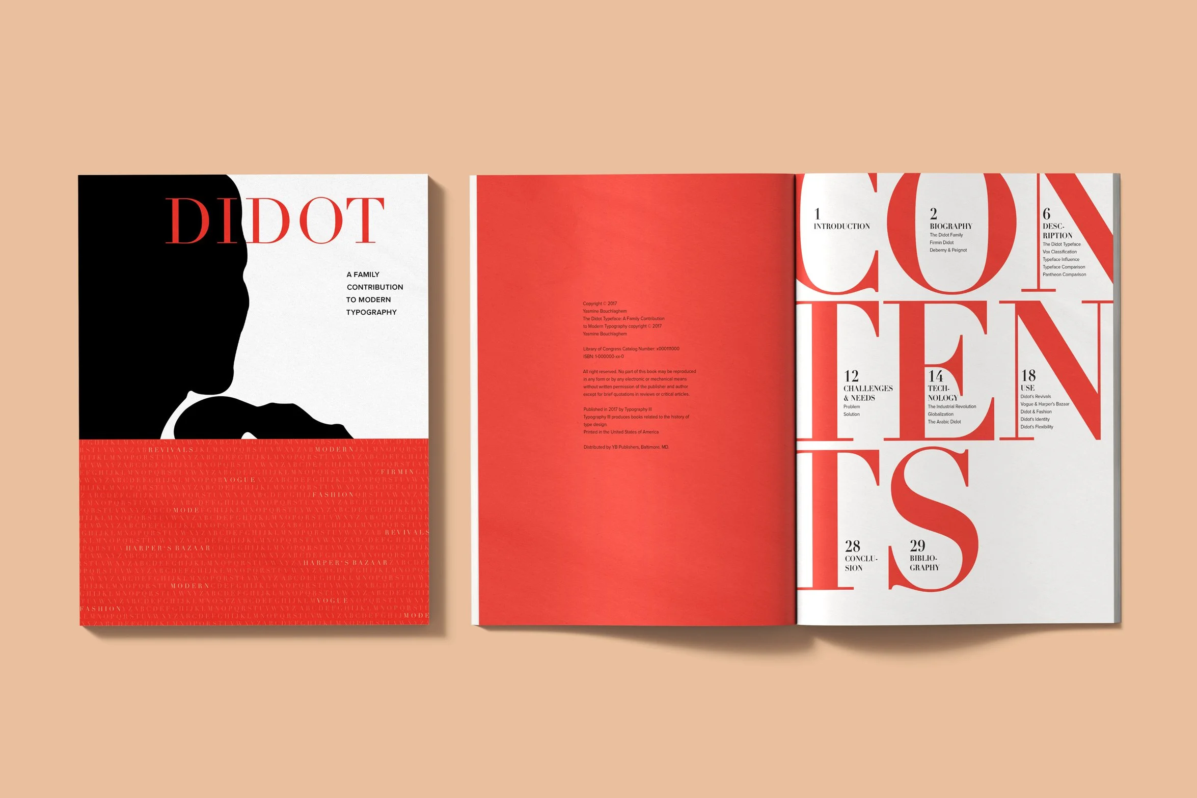 Didot typeface monograph editorial print book design layout showing the hardcover book and open contents page spread, featuring a bold red serif title on black and white cover design and a large typographic Contents page with chapter listings.