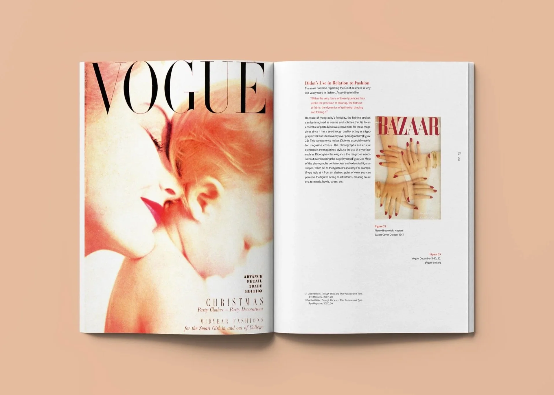 Didot typeface monograph editorial print book design layout spread featuring a reproduced Vogue Christmas issue cover alongside a chapter analyzing Didot's use in fashion publishing, with a Harper's Bazaar cover inset and editorial body copy.